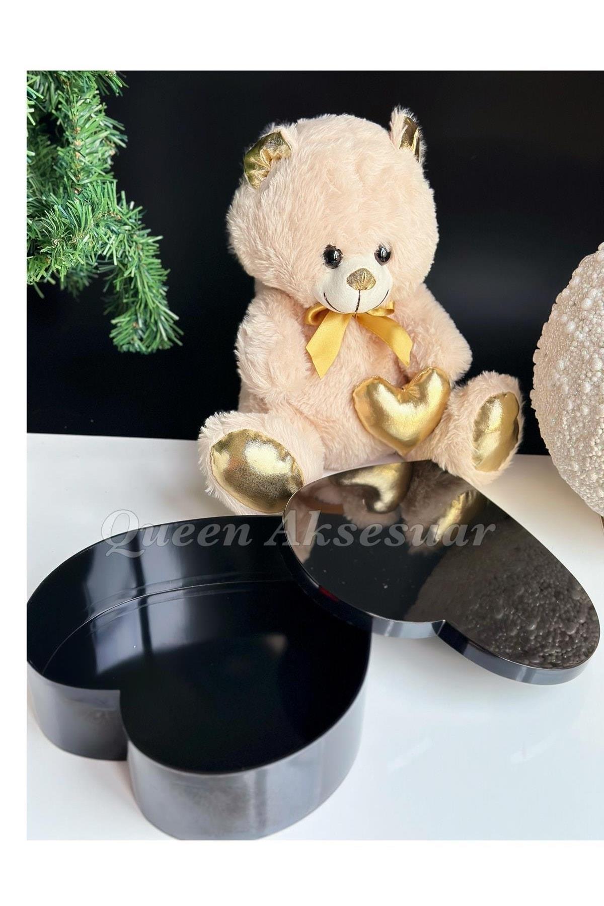 Sevgililer Günü Özel Lüks Peluş Altın Gold Oyuncak Ayıcık Siyah Parlak Kalp Kutu Hediye Seti