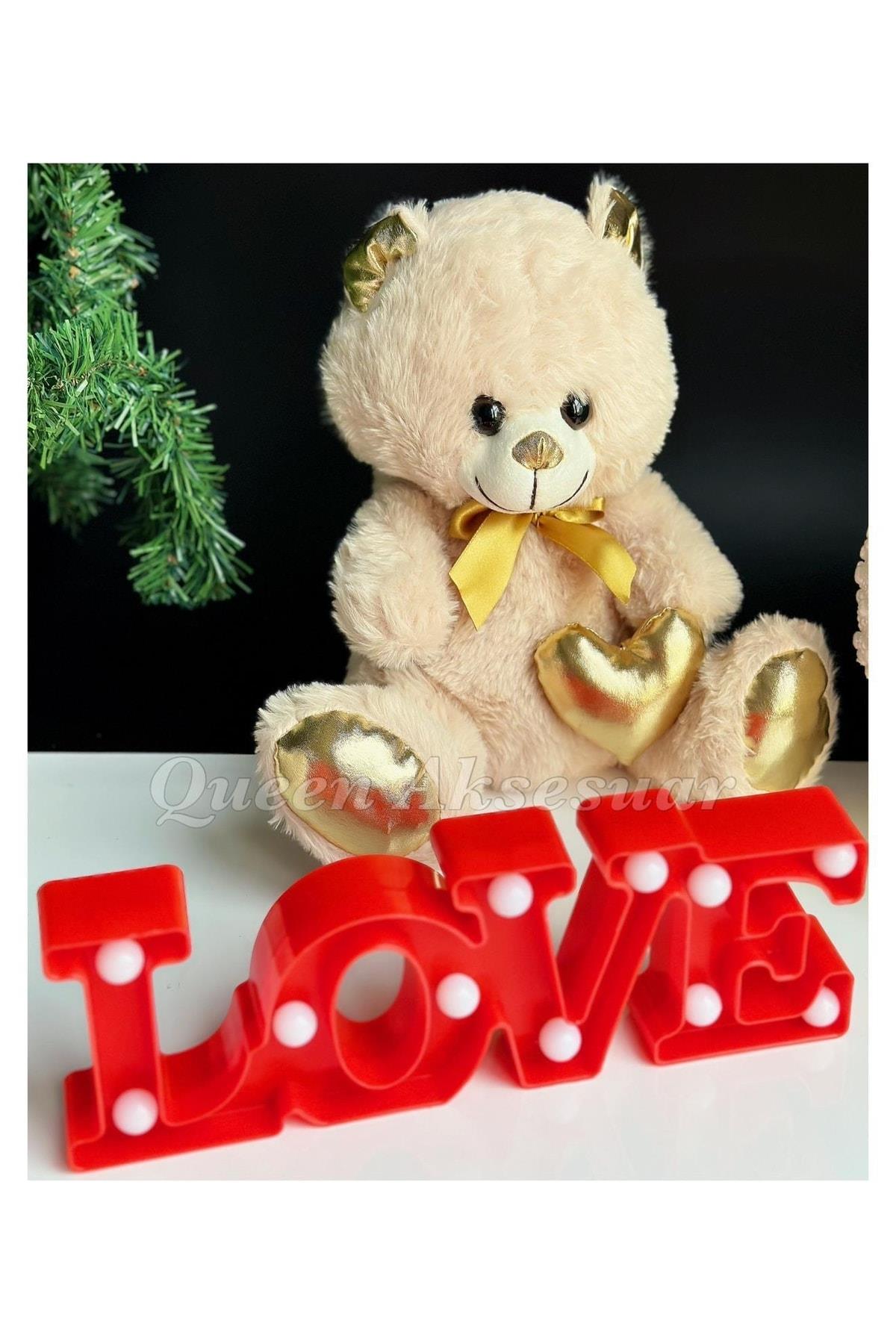Sevgililer Günü Özel Lüks Peluş Altın Gold Oyuncak Ayıcık Love Gece Masa Lambası Hediye Seti