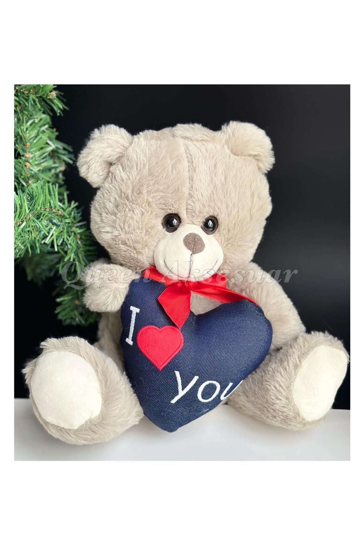 Sevgililer Günü Özel Lüks Peluş Sevimli I Love You Yazılı Kalp Kalpli Oyuncak Ayıcık 30cm Gri