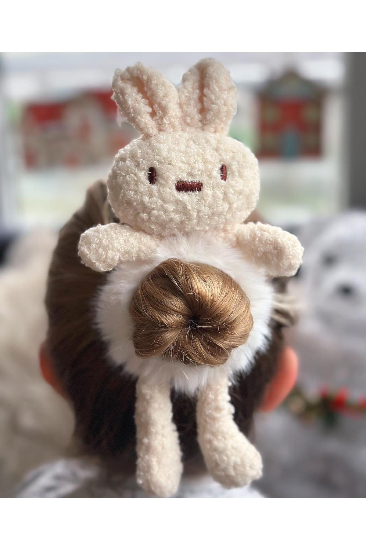 Sevimli 3d Boyutlu Oyuncak Peluş Büyük Tavşanlı Toka Lastikli Kadın Çocuk Tavşancık Tokası Beyaz