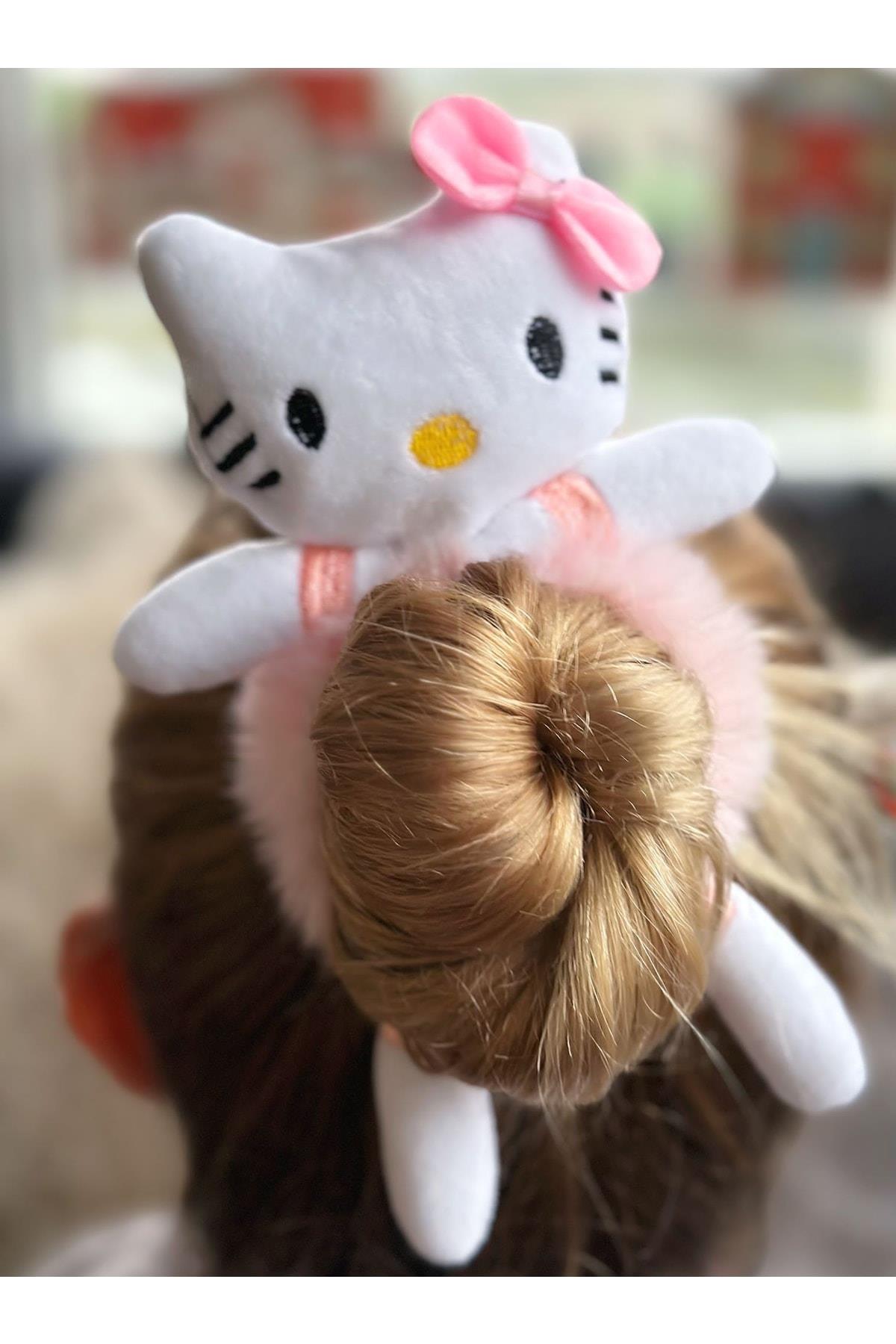 Sevimli 3d Boyutlu Oyuncak Peluş Tüylü Büyük Hello Kitty Kedi Toka Lastikli Kadın Çocuk Tokası Pembe