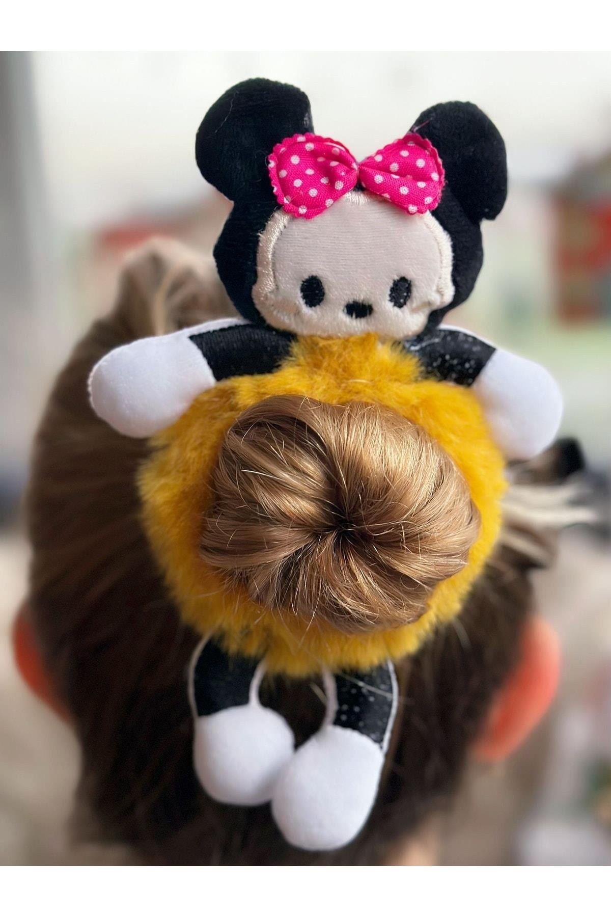 Sevimli 3d Boyutlu Oyuncak Peluş Tüylü Büyük Minnie Mouse Fare Toka Lastikli Kadın Çocuk Sarı