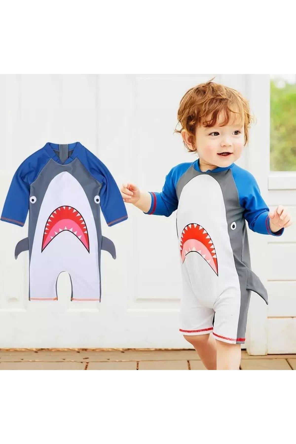 Sevimli Baby Shark Köpek Balığı Erkek Çocuk Mayosu Tam Uv Korumalı Tulum Yüzücü Mayo