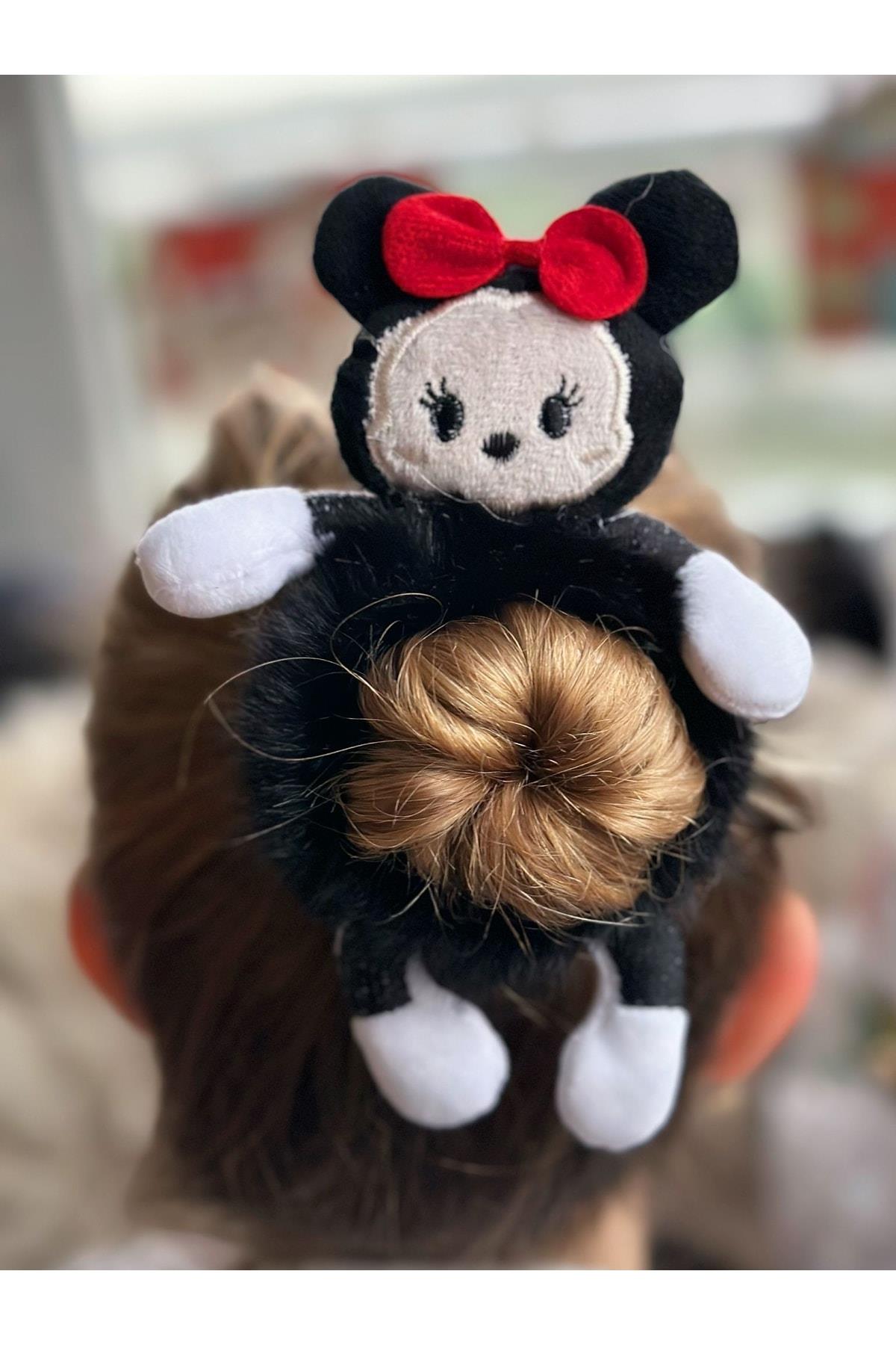 Sevimli Büyük 3d Boyutlu Oyuncak Peluş Tüylü Büyük Minnie Mouse Fare Toka Lastikli Kadın Çocuk Siyah