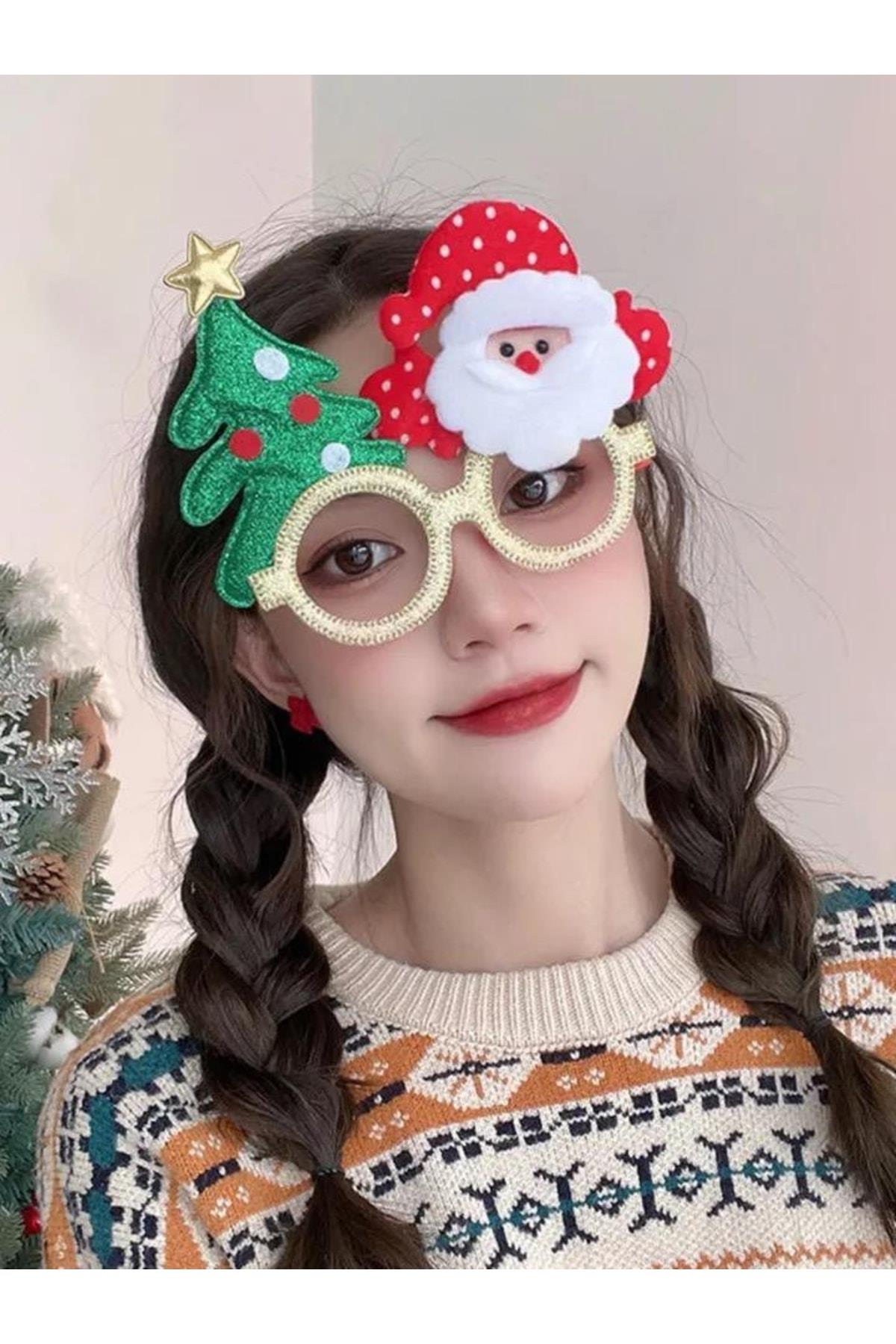 Sevimli Eğlenceli Yeni Yıl Yılbaşı Fotoğraf Gözlüğü Simli Noel Baba Çam Ağacı Gözlük