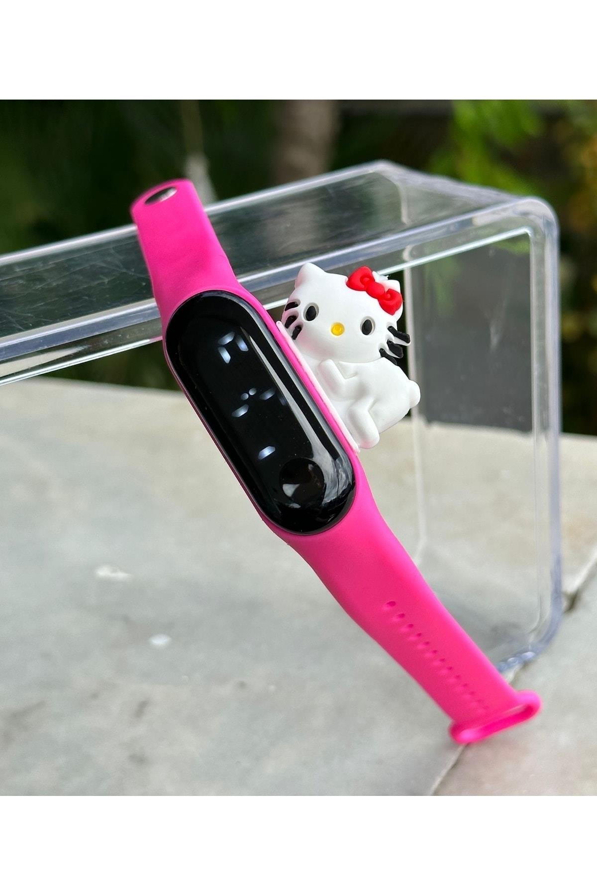 Sevimli hello kitty kedili pembe led gösterge dokunmatik kız çocuk saati