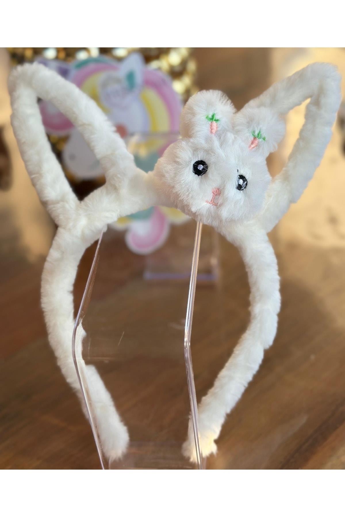 Sevimli Peluş Tüylü 3d Oyuncak Tavşan Kulaklı Taç Büyük Küçük Çocuk Tacı Beyaz