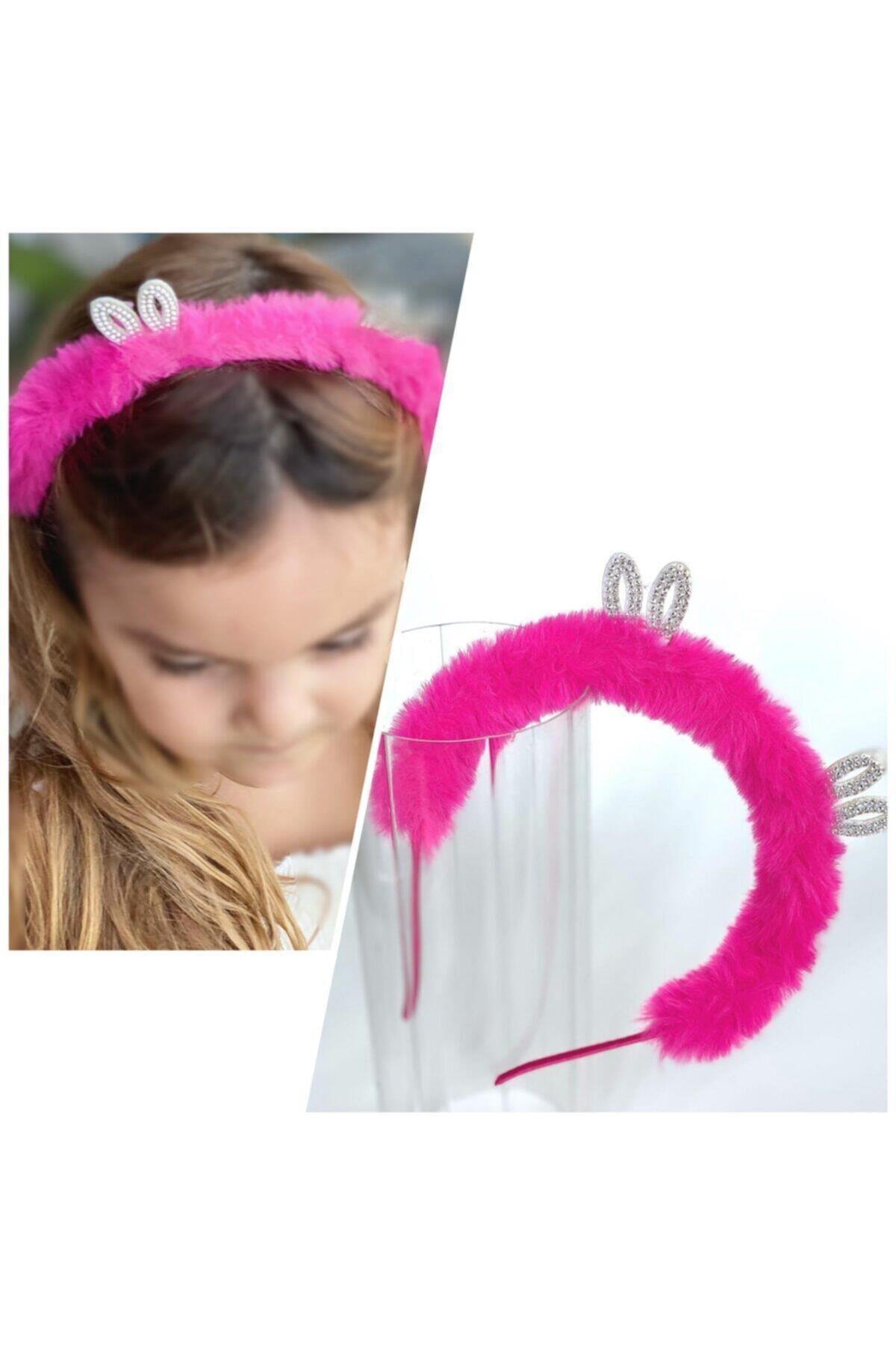 Sevimli Peluş Tüylü Taşlı Kulak Tavşan Çocuk Tacı Fuşya Pembe Taç