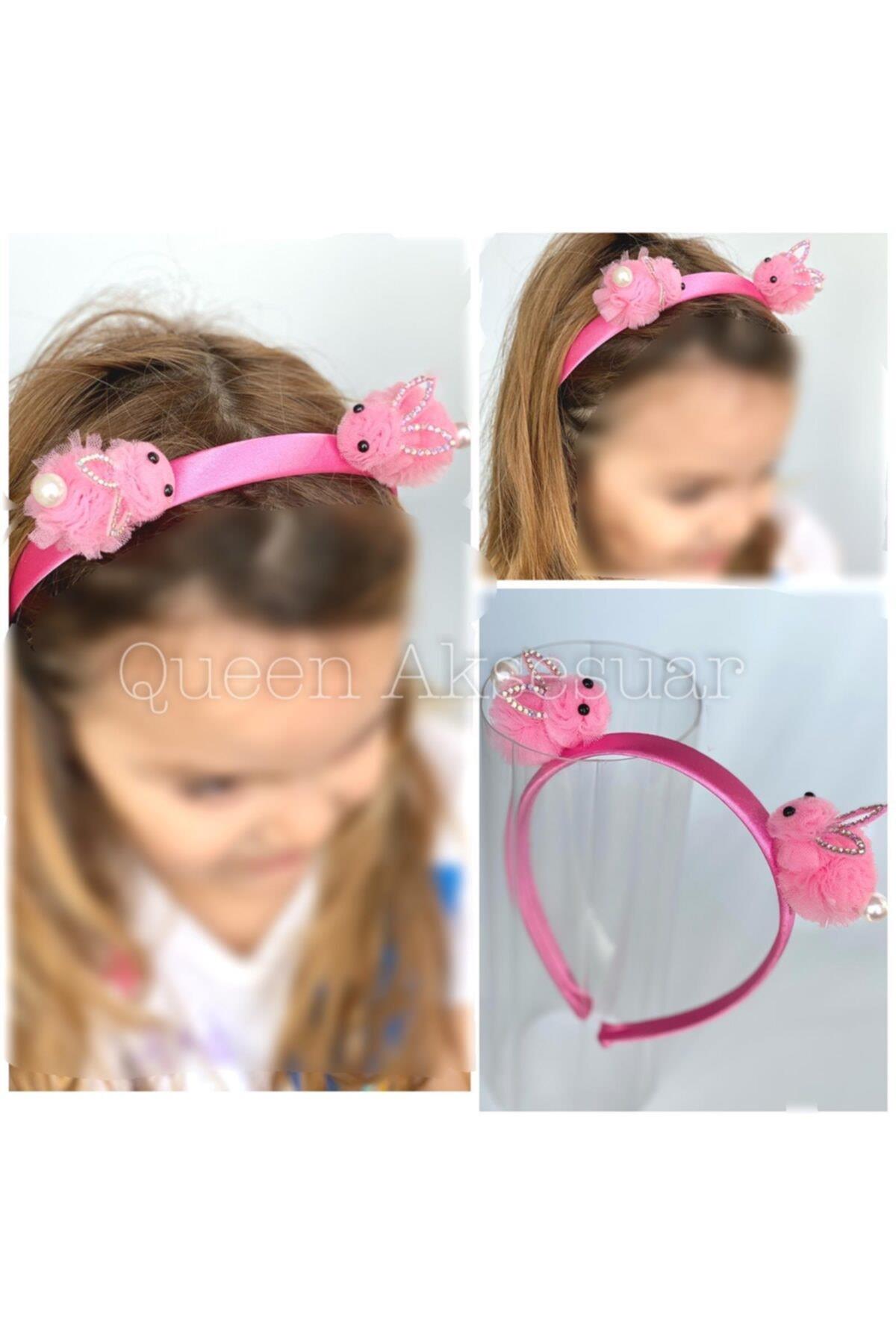 Sevimli Pembe Pon Pon Tavşanlı Taşlı Incili Saten Çocuk Tacı