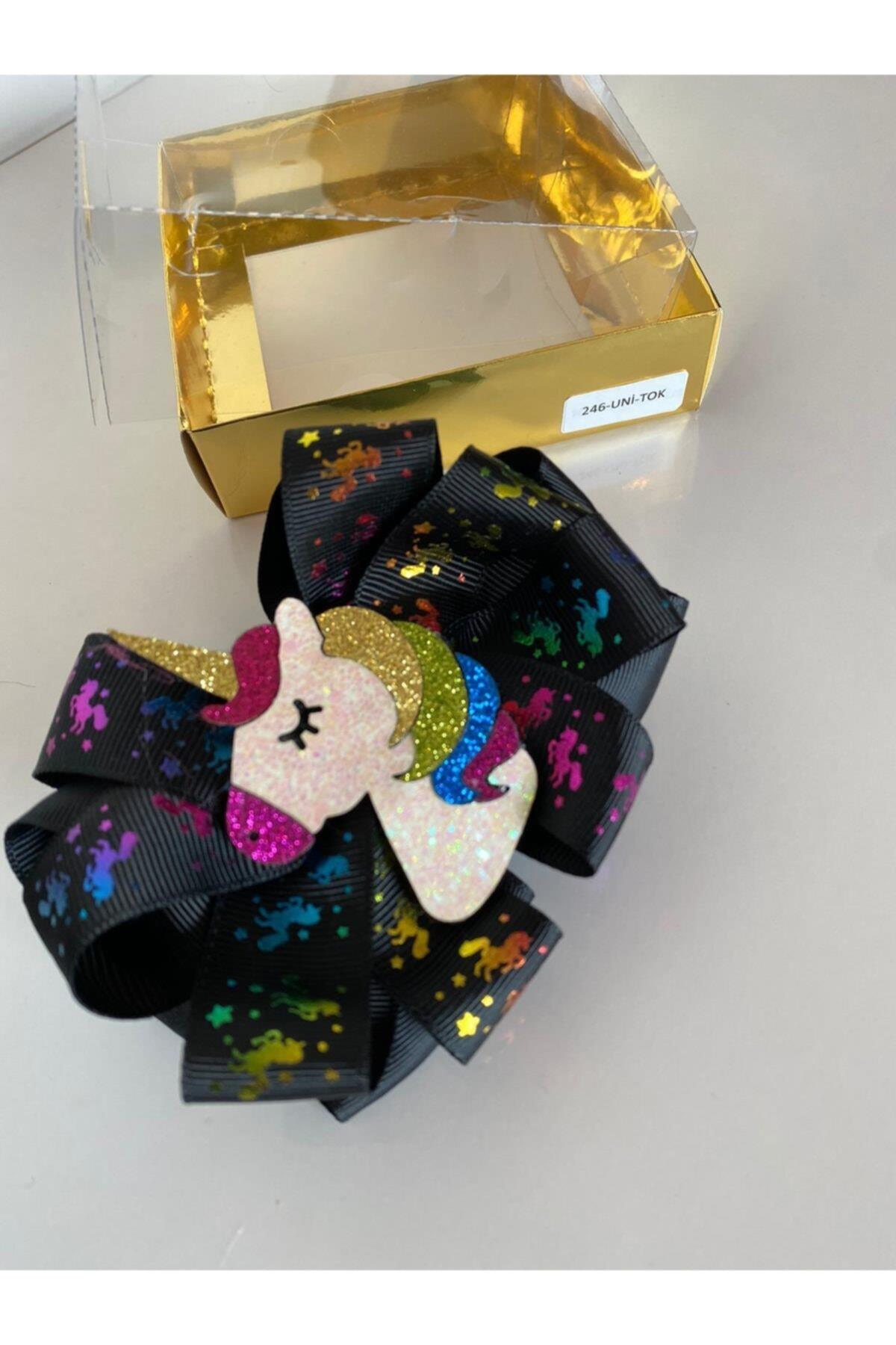 Siyah Simli Parlak Unicornlu Kız Çocuk Bebek Doğum Günü Hediye Klipsli Pensli Toka