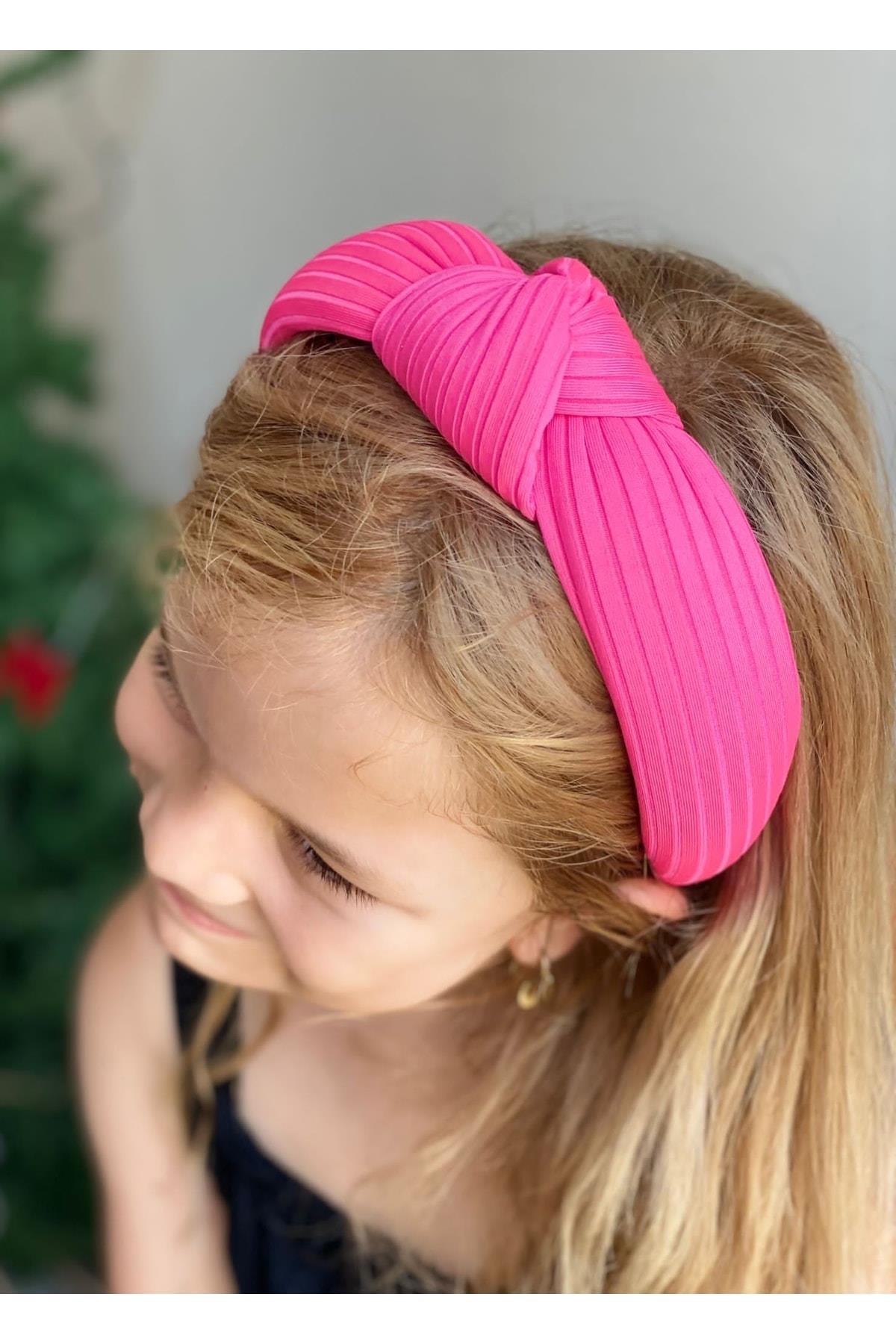 Süngerli Düğümlü Taç Kadın Çocuk Tacı Çizgili Neon Pembe