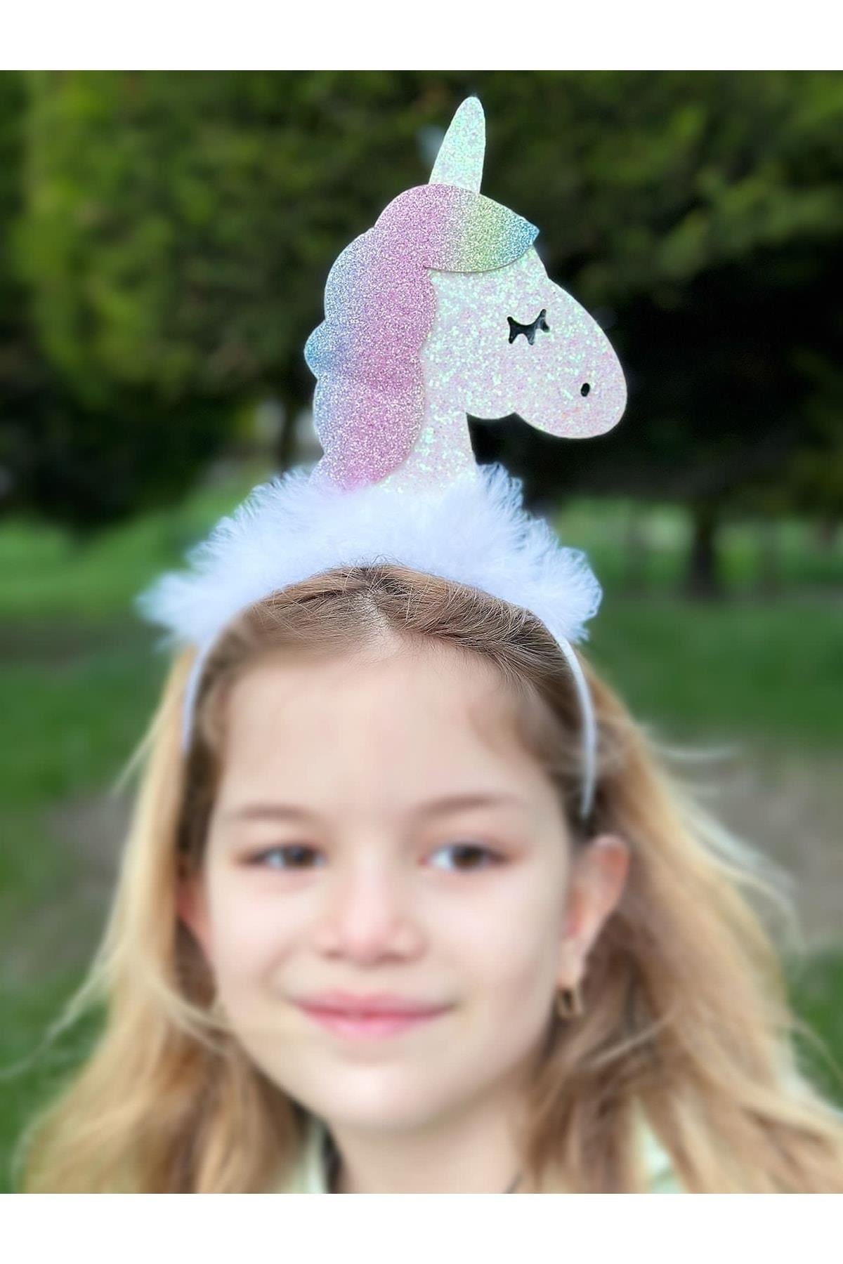 Trend Dev Unicorn Parlak Simli Tüylü Özel Tasarım Doğum Günü Parti Tacı Çocuk Yetişkin Beyaz Taç