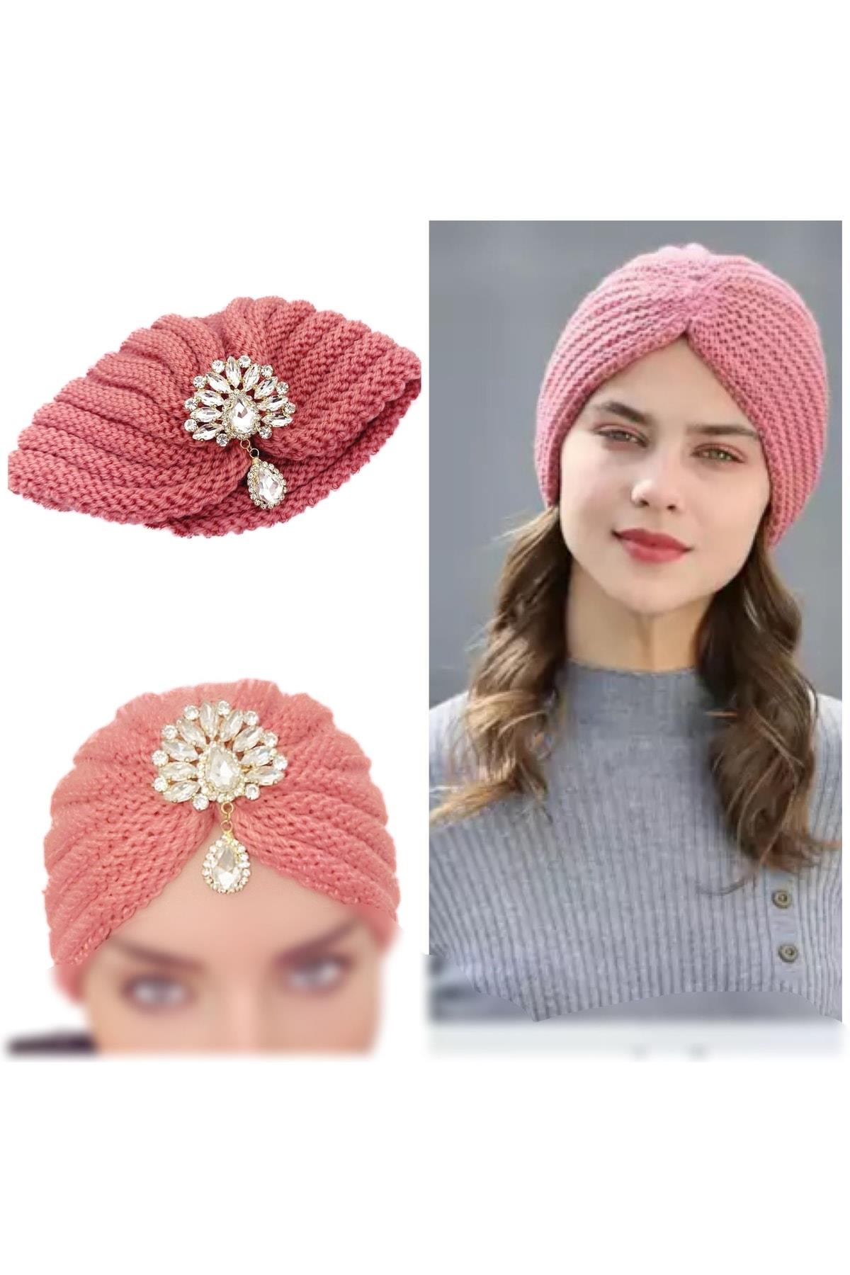 Trend Lüks Özel Tasarım Örme Örgü Kristal Taşlı Broşlu Iğneli Türban Bone Şapka Düğümlü Bere Kadın