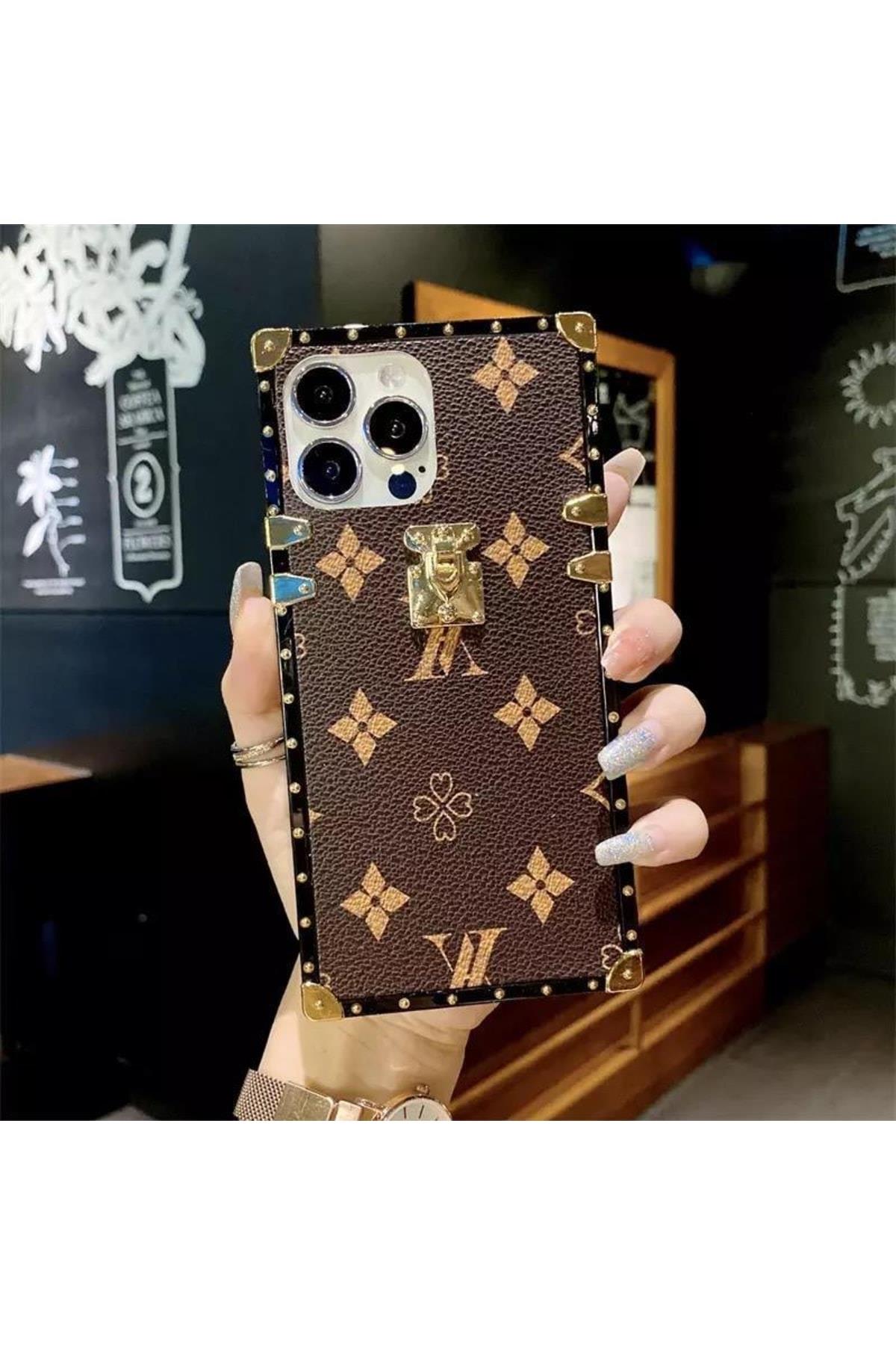 Trend Marka Moda Lüks Kahverengi Deri Gold Çerçeve Iphone 14 Pro Max Kapak Kılıf Telefon Kapağı
