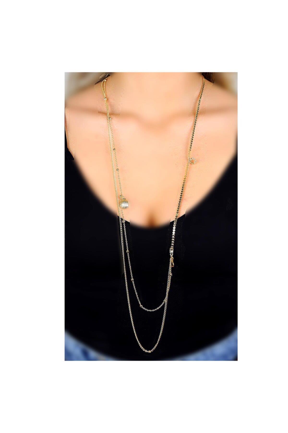 Trend Moda Ayarlanabilir Uzun Zincir Istiridye Top Zikron Taşlı Kolye