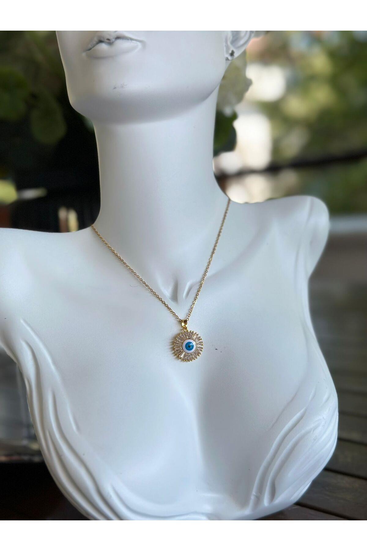 Trend moda baget kristal taşlı nazar boncuğu gold altın çelik zincirli kadın kolye
