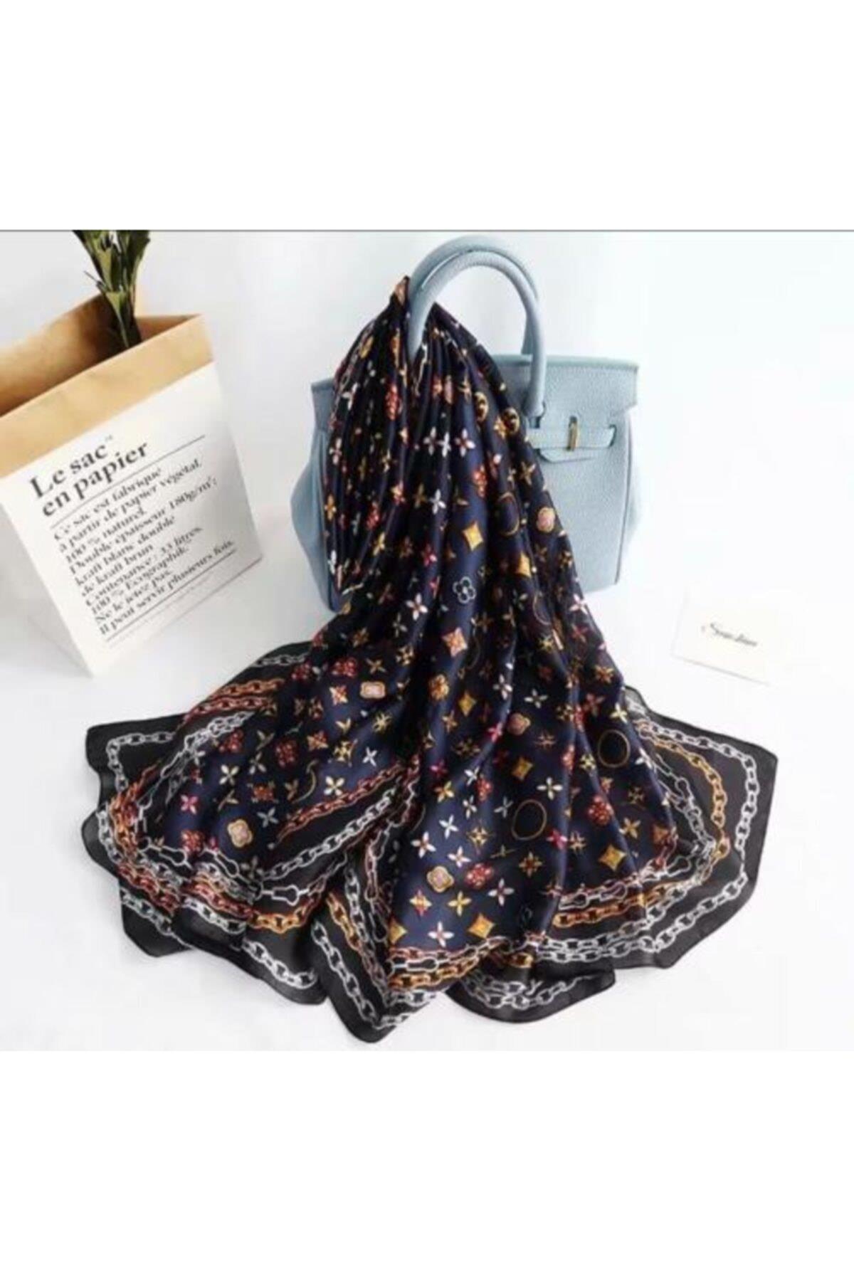 Trend Moda Çiçek Zincir Desenli Lacivert Ipek Eşarp Şal 90x180