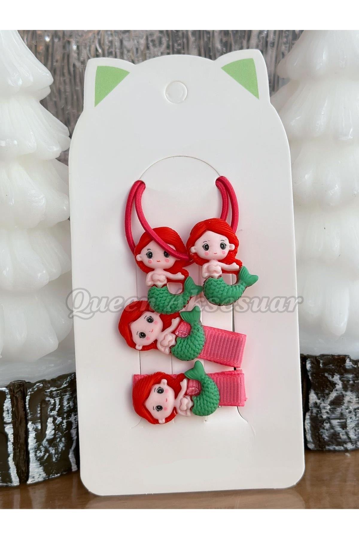 Trend Moda Çocuk Bebek Lastik Pensli Toka Seti 4lü Set Prenses Deniz Kızı Ariel