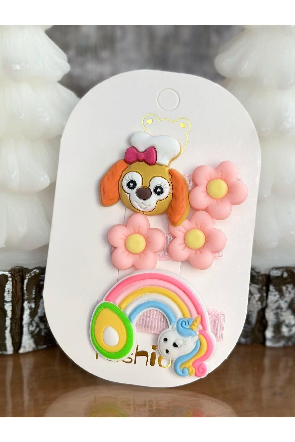 Trend Moda Çocuk Bebek Metal Pensli Klipsli Toka Seti Gökkuşağı Unicorn Köpek Çiçekli Pembe
