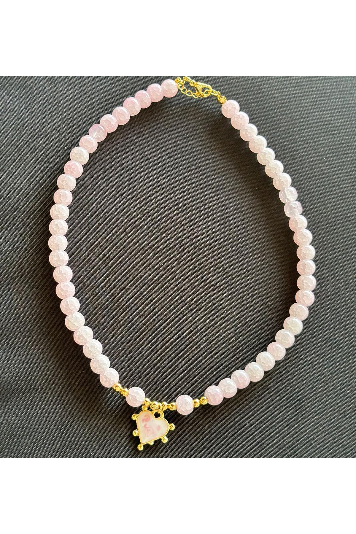 Trend moda doğal pembe taşlı kalp gold altın cam boncuklu kolye kadın çocuk