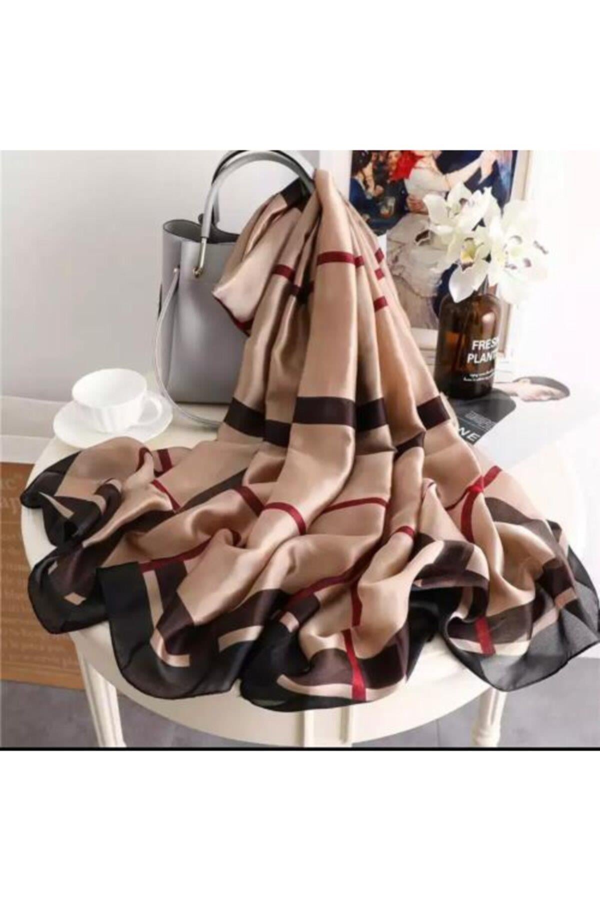 Trend Moda Ekose Kahverengi Ipek Eşarp Şal 90x180