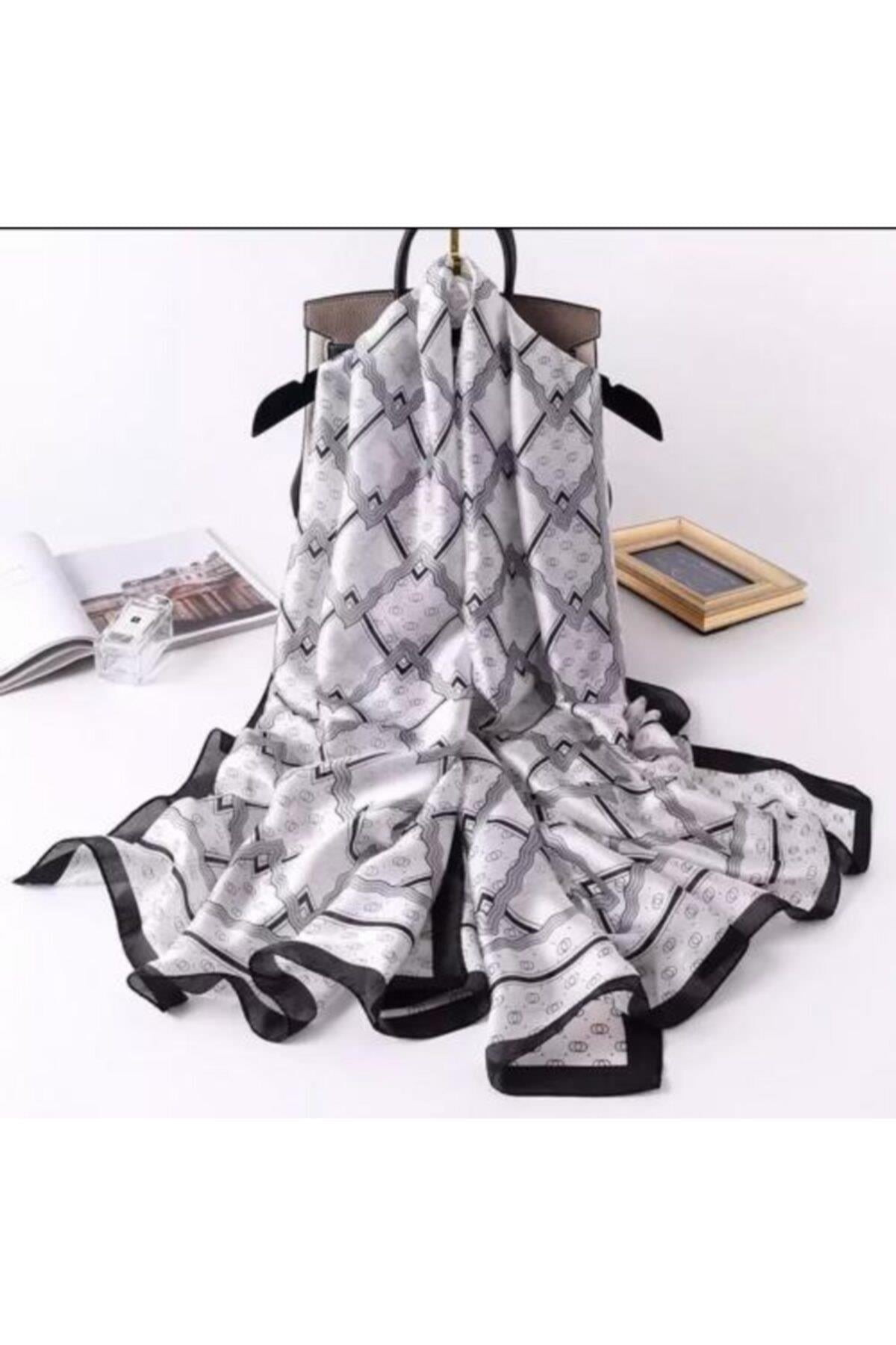 Trend Moda Gri Siyah Beyaz Parlak Ipek Eşarp Şal 90x180