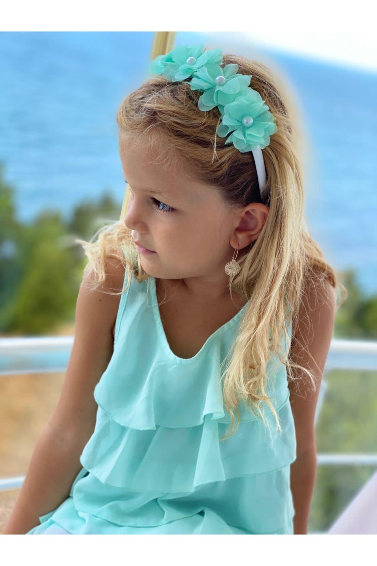 Trend Moda Inci Çiçekli Taç Mint Su Yeşili Anne Çocuk Nedime Tacı