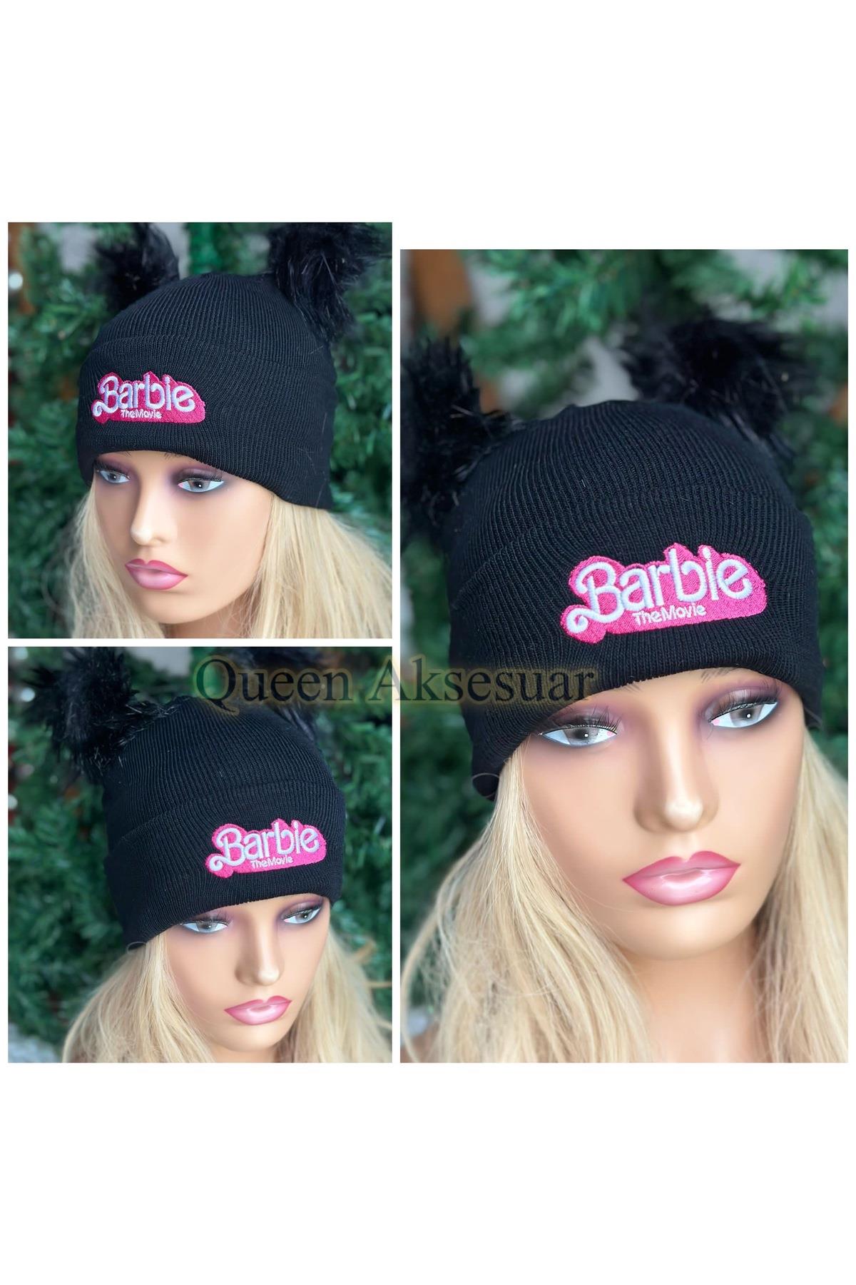 Trend moda ithal Barbie movie ponponlu tüylü pon pon bere şapka kadın genç çocuk şapkası siyah