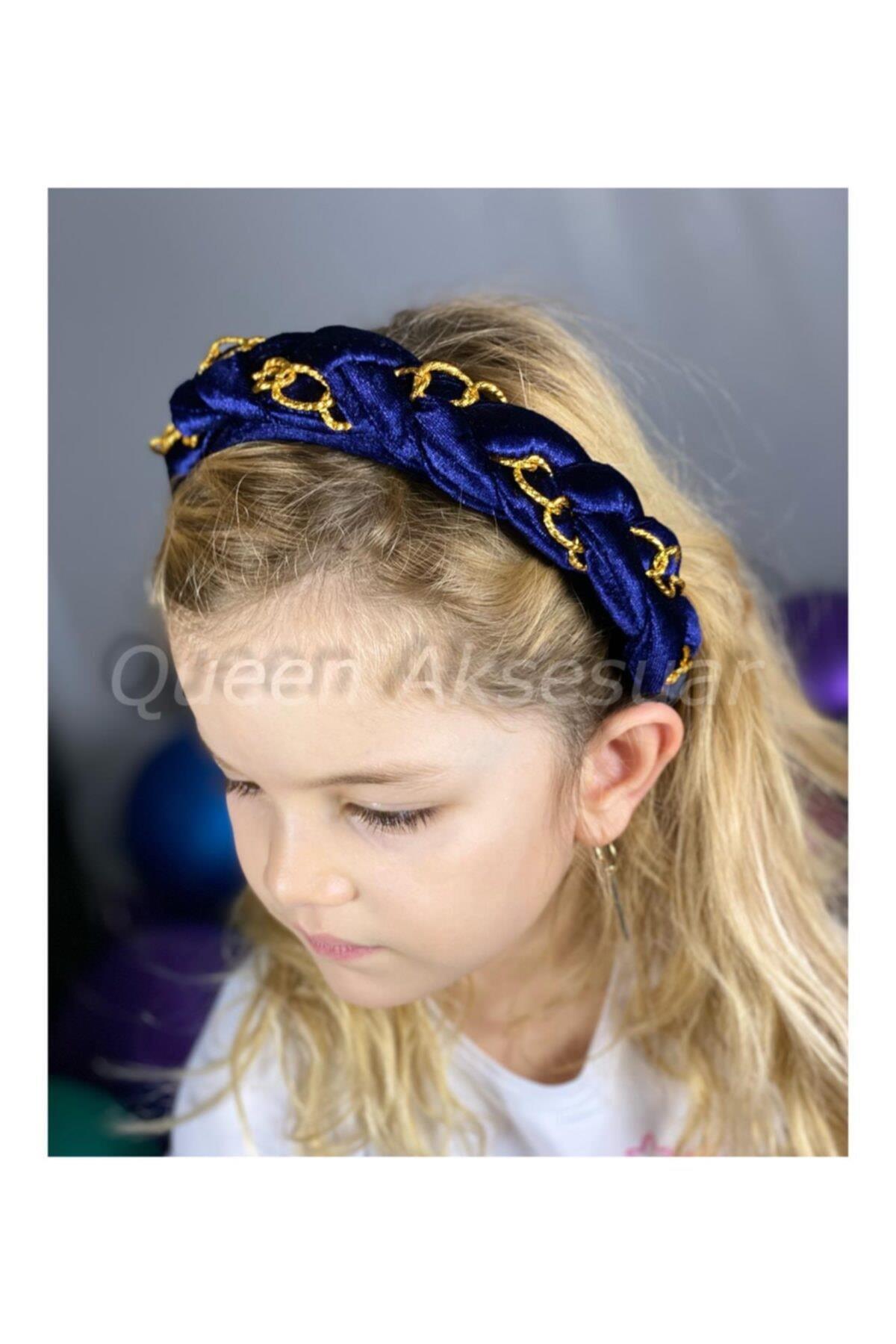 Trend Moda Lacivert Saks Kadife Gold Altın Zincirli Yetişkin Ve Çocuk Tacı Örgü Taç