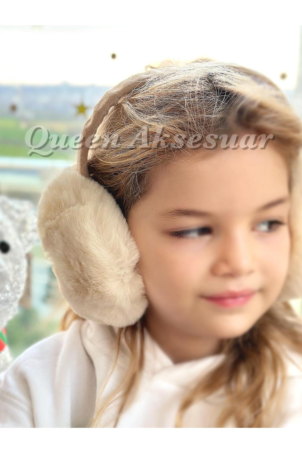 Trend Moda Lüks Ithal Kürklü Tüylü Peluş Katlanır Kulaklık Kadın Yetişkin Kulaklığı Sütlü Krem Ekru