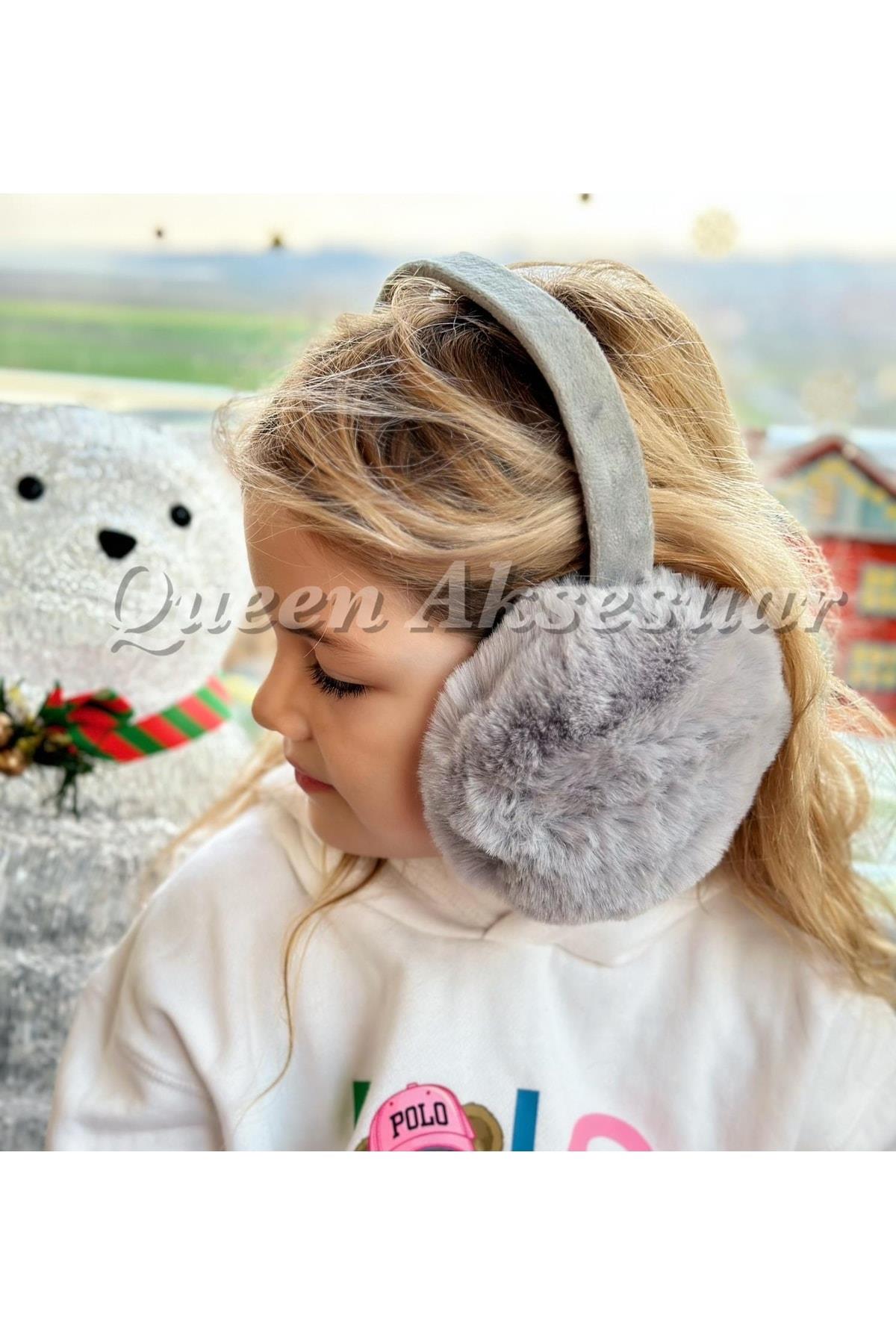 Trend Moda Lüks Ithal Kürklü Tüylü Peluş Katlanır Kulaklık Kadın Yetişkin Genç Kulaklığı Gri