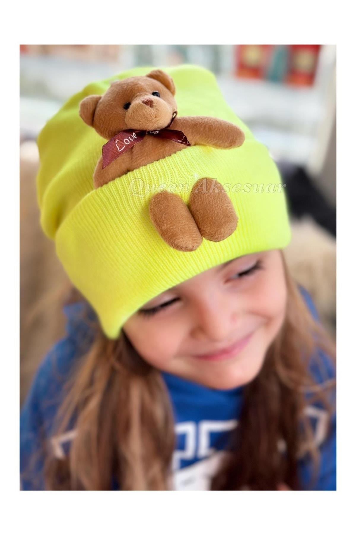 Trend Moda Özel Tasarım Peluş Ayıcıklı Yetişkin Erkek Kız Unisex Çocuk Ayı Şapka Bere Neon Sarı