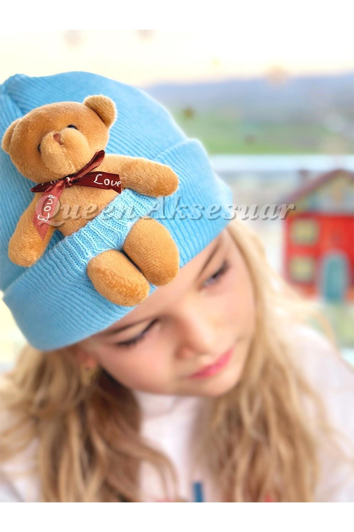 Trend Moda Özel Tasarım Sevimli Büyük Peluş Ayıcıklı Erkek Kız Unisex Çocuk Şapkası Mavi Şapka