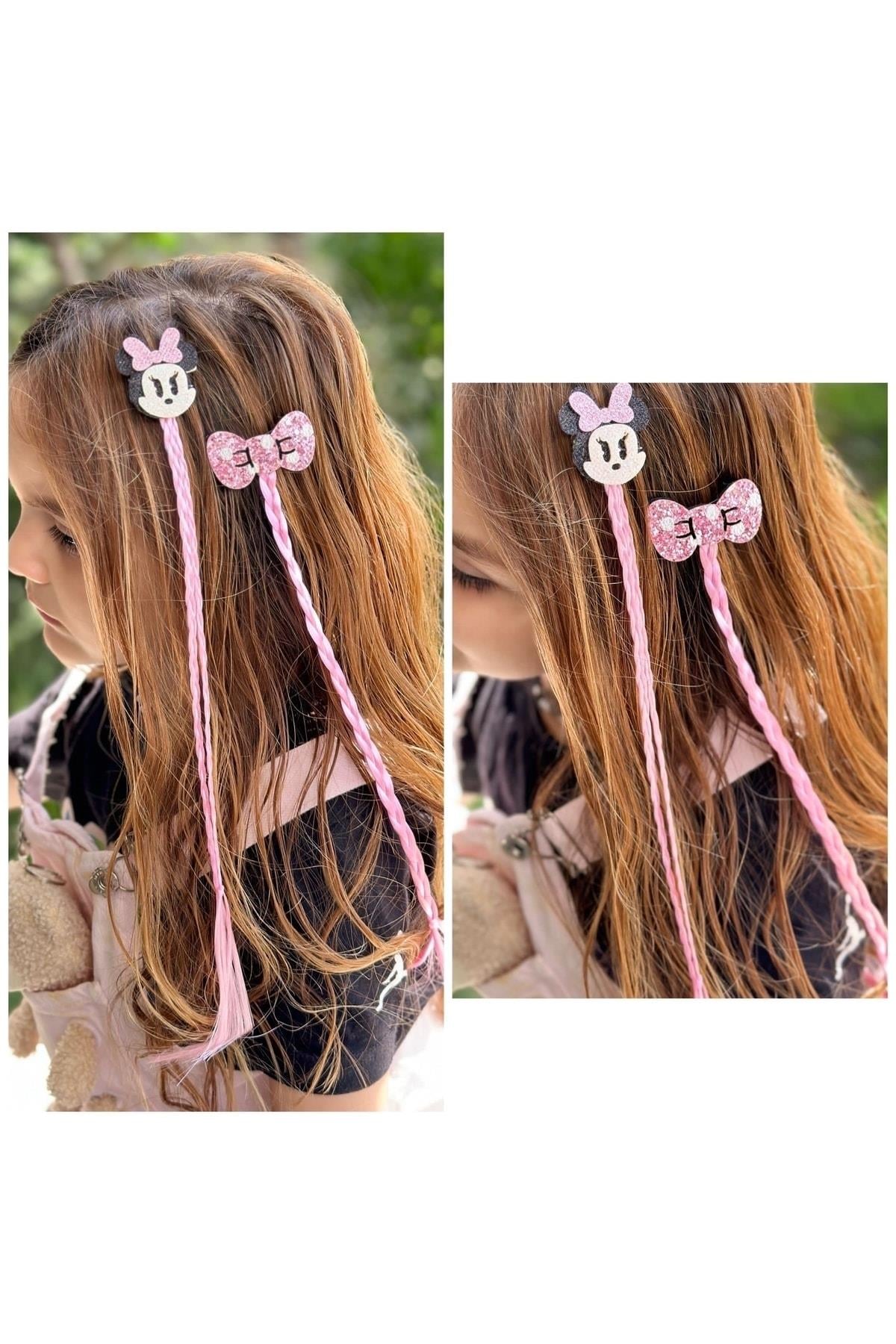 Trend moda pensli postiş saç örgü 2li toka simli fiyonk minnie mouse fare pembe
