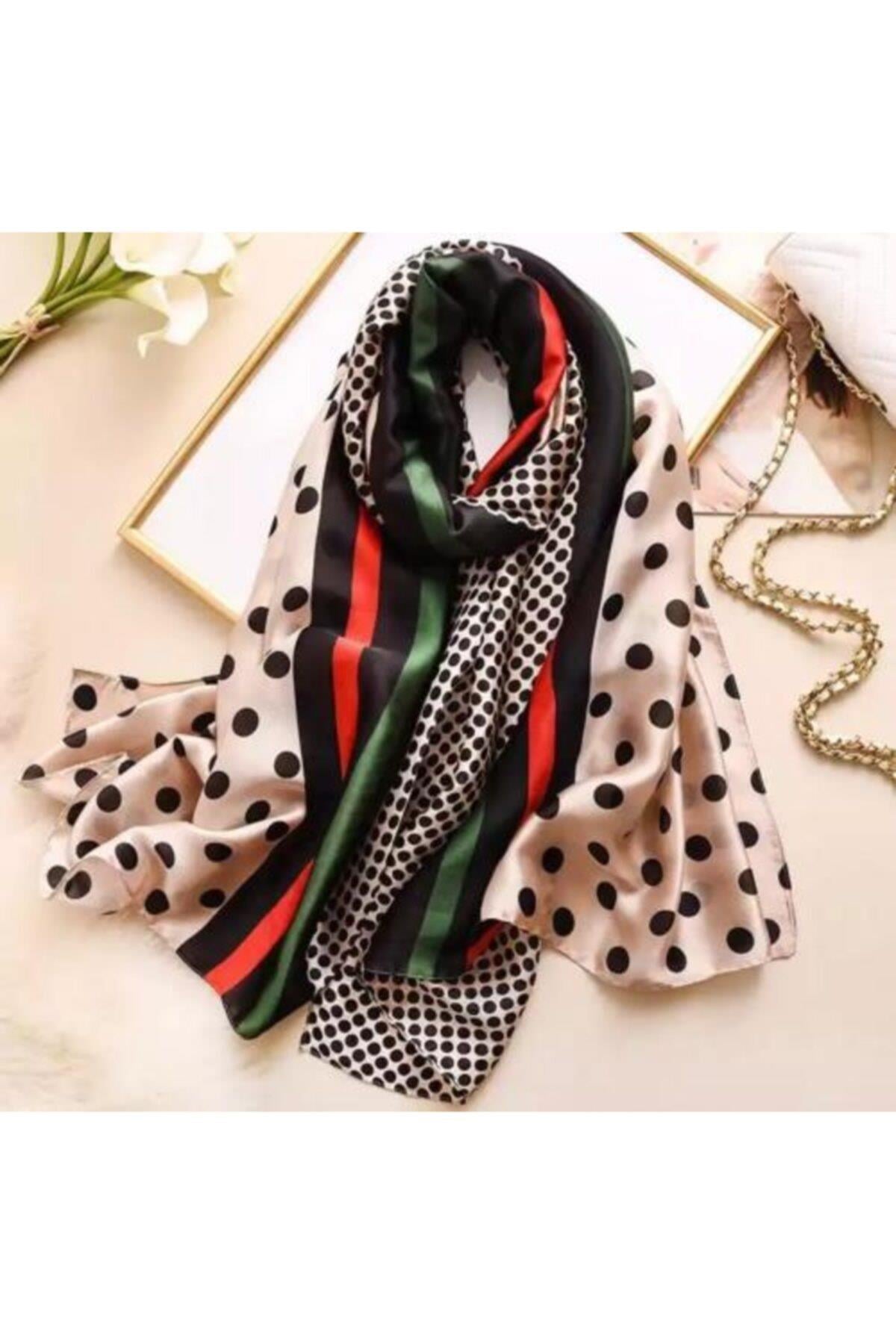 Trend Moda Puantiye Çizgili Ipek Eşarp Şal 90x180