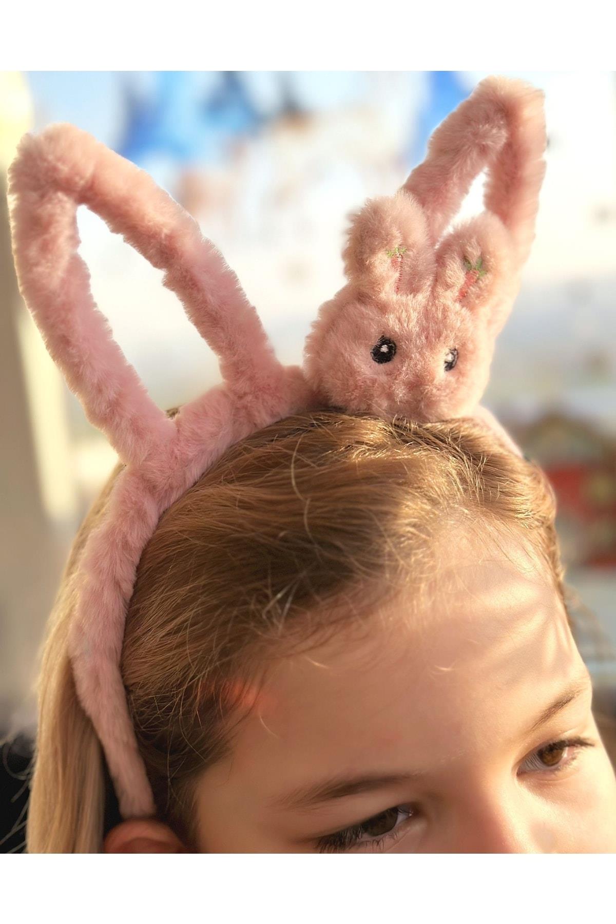 Trend Moda Sevimli Peluş Tüylü 3d Oyuncak Tavşan Kulaklı Taç Büyük Küçük Çocuk Tacı Pembe