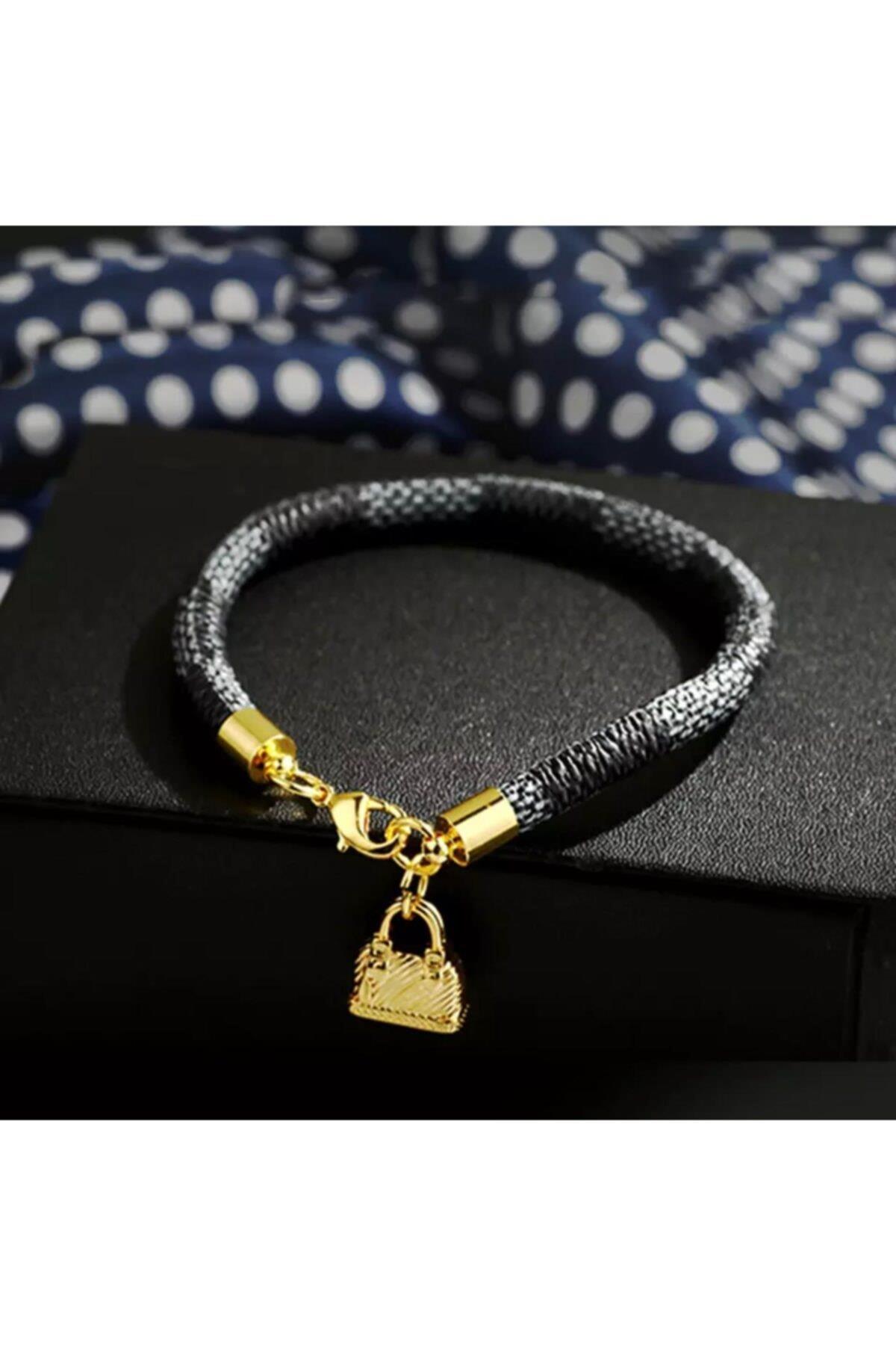 Trend Moda Siyah Gerçek Deri Kayışlı Gold Altın Çanta Bileklik