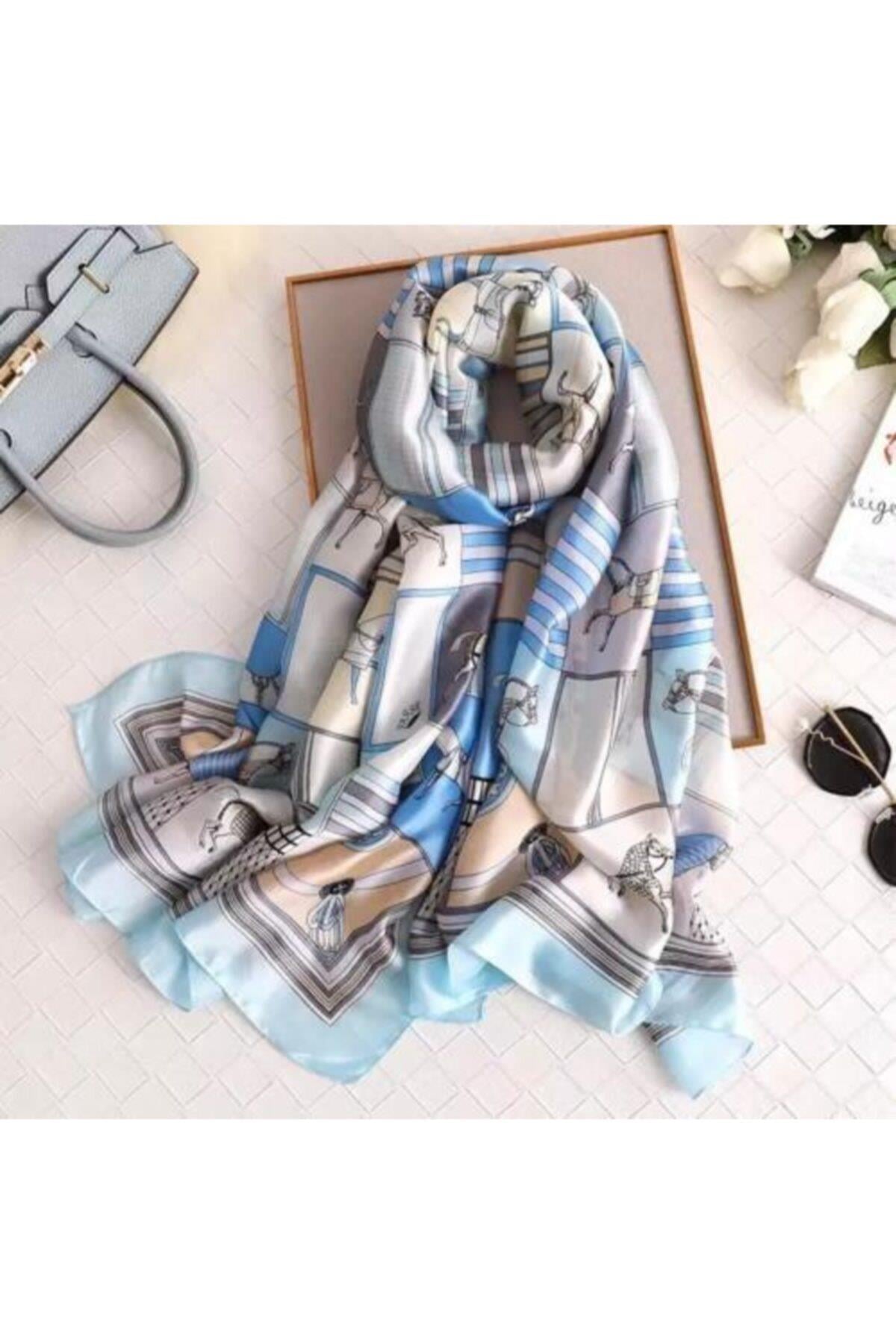 Trend Moda Tarz Açık Mavi At Zincir Desenli Ipek Eşarp Şal 90x180