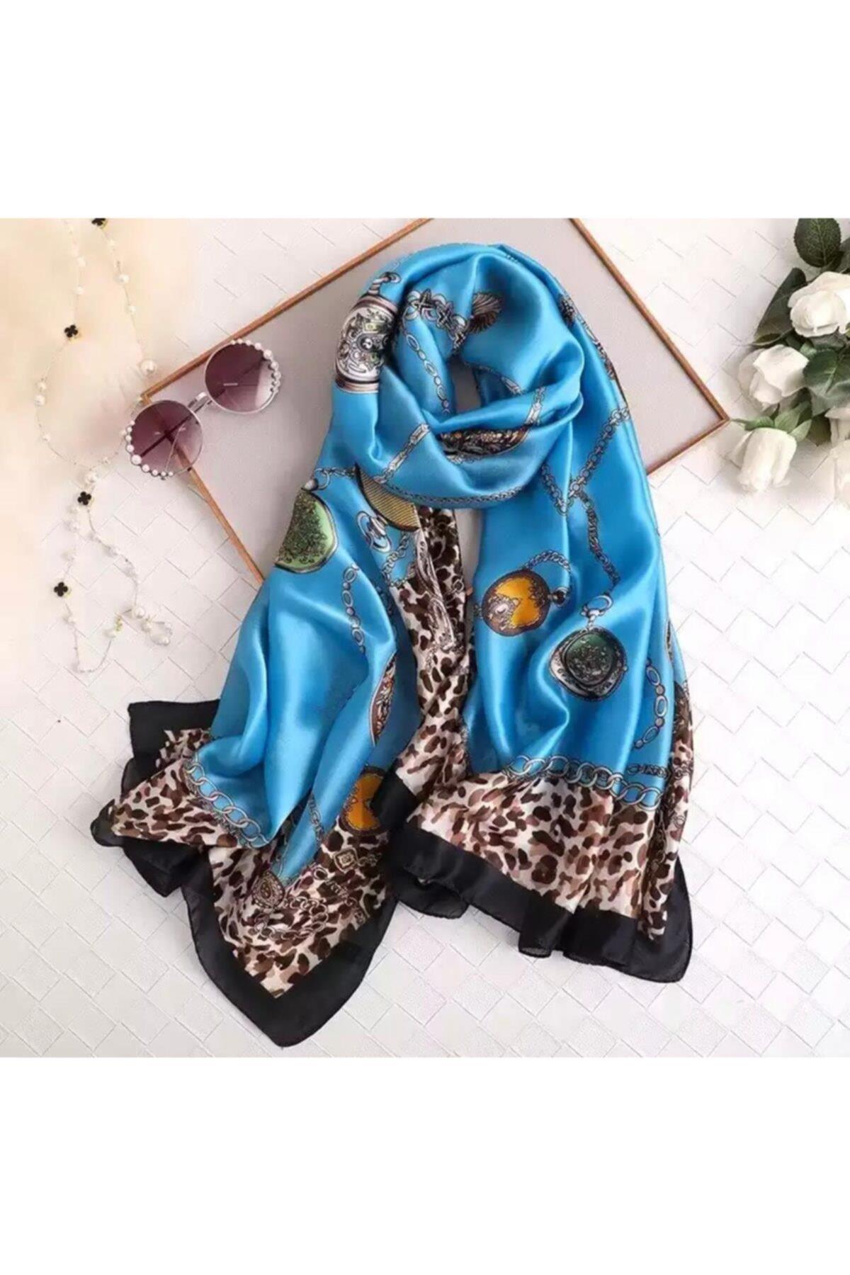 Trend Moda Turkuaz Mavi Leopar Zincir Desenli Ipek Eşarp Şal 90x180