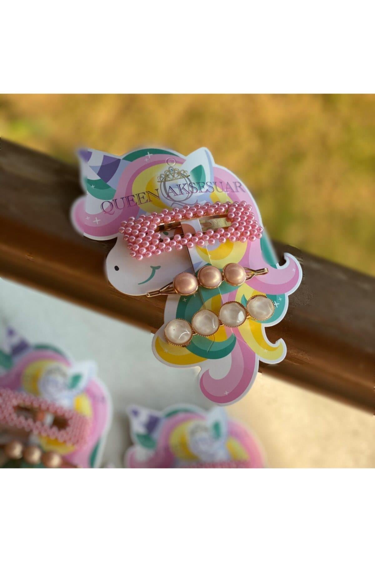 Trend Moda Yeni Taşlı Parlak Incili Pembe Yan Toka Set