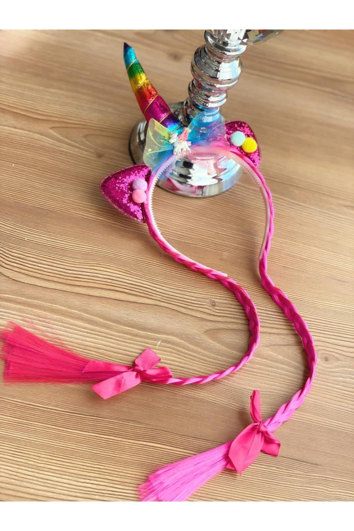Unicorn Boynuzlu Postiş Örgü Uzun Rapunzel Saçlı Simli Çocuk Tacı Doğum Günü Kostüm Taç Fuşya