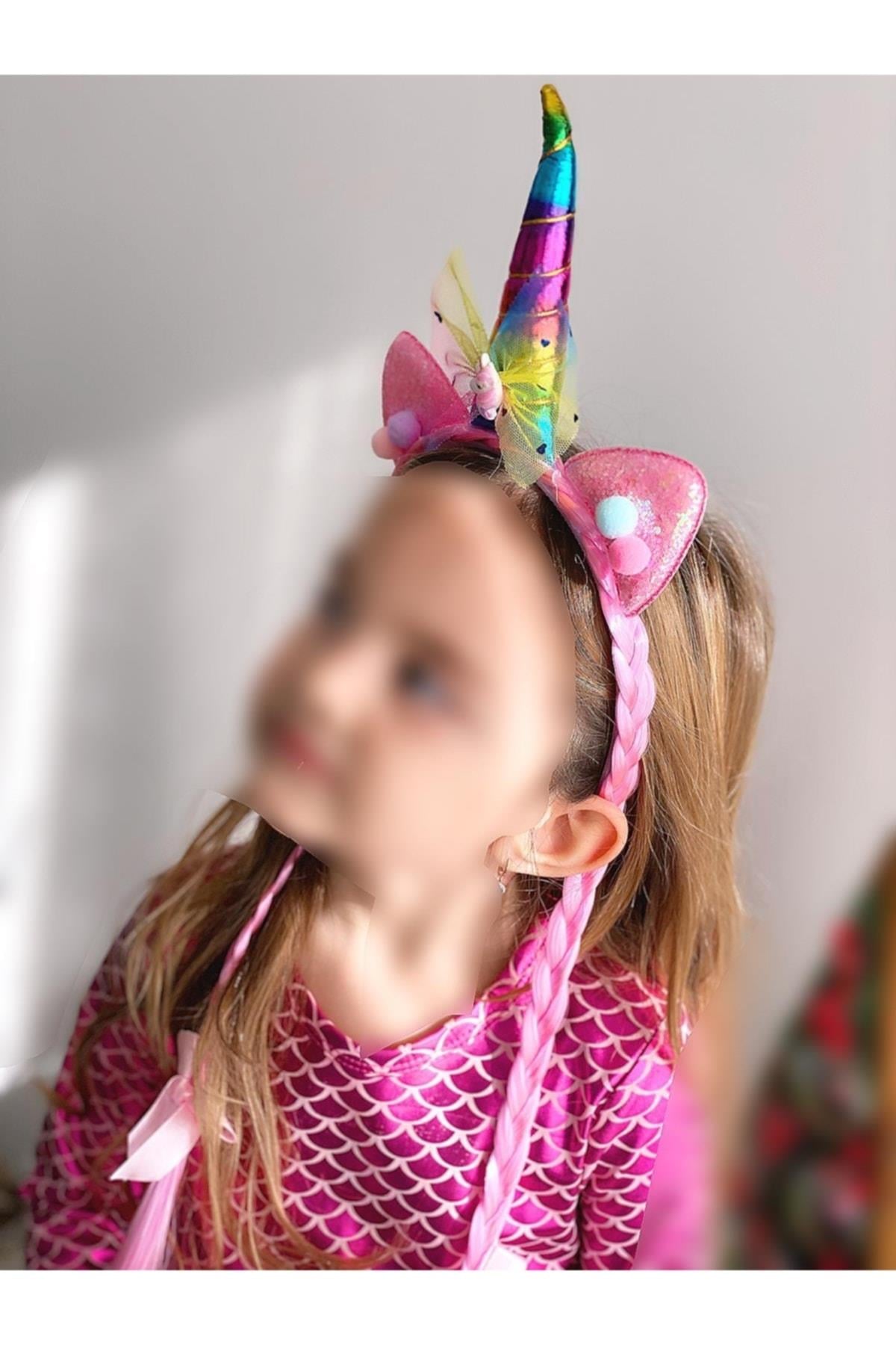 Unicorn Boynuzlu Postiş Örgü Uzun Rapunzel Saçlı Simli Çocuk Tacı Doğum Günü Kostüm Taç Pembe