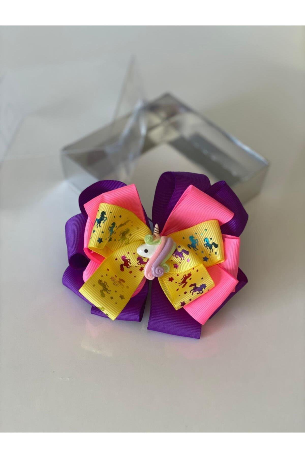 Unicorn Figürlü Yaldızlı Pembe Mor Sarı Fiyonk Kurdele Toka