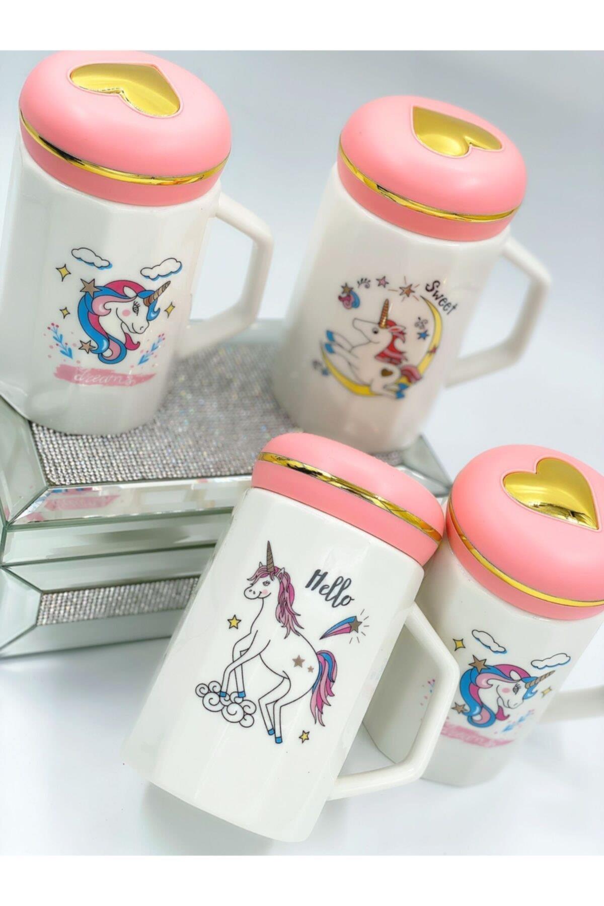 Unicorn Porselen Büyük Pembe Kalp Kapaklı Kupa Bardak Termos Hediyelik Eşya Kutulu Tek Adet