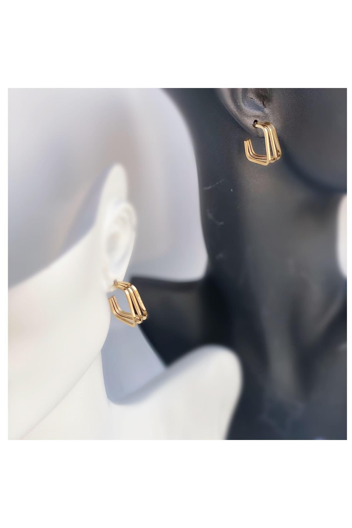 Yeni Lüks Trend Model 3lü Sıra Kare Halka Çelik Küpe Gold Altın