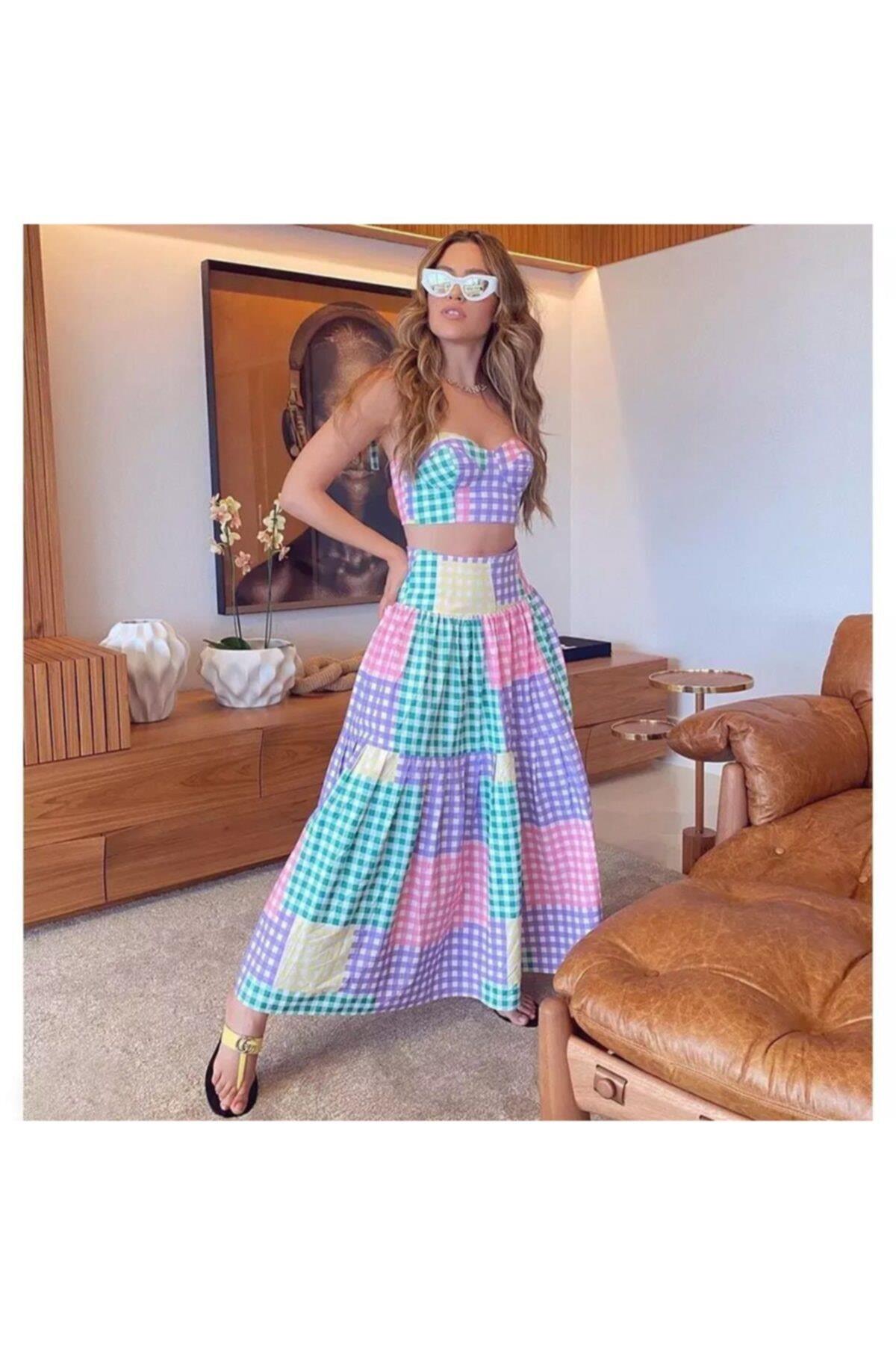 Yeni Lüks Vintage Pastel Renkli Kareli Parlak Esnek Pareo Plaj Etek Kadın Bikini
