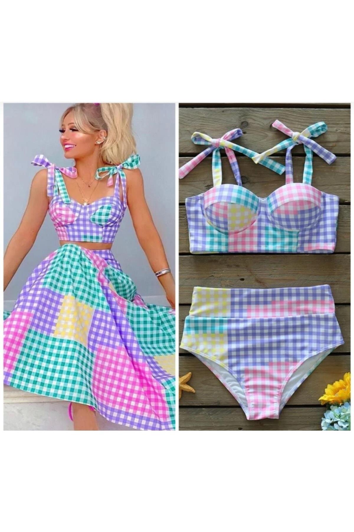 Yeni Lüks Vintage Pastel Renkli Straplez Büstiyer Kareli Bağlamalı Yüksek Bel Kadın Bikini