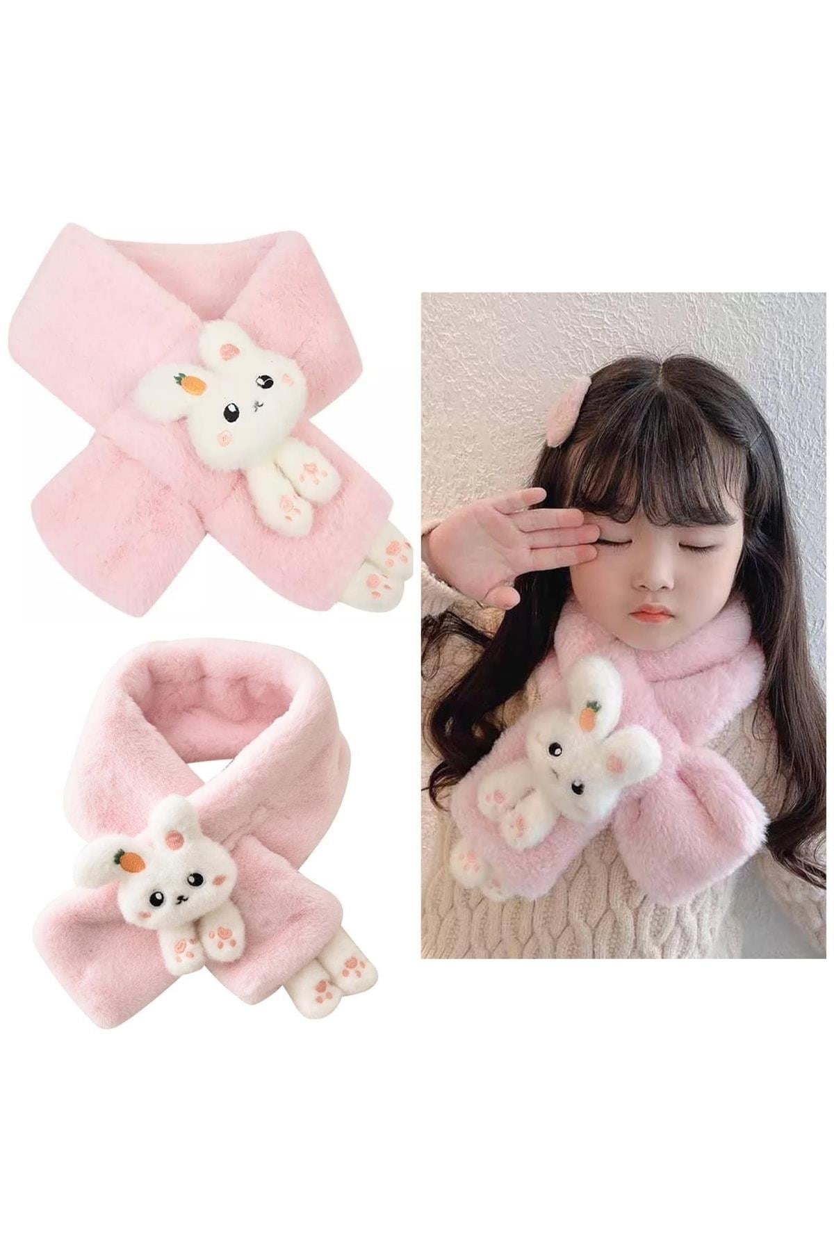 Yeni Moda Sevimli Oyuncak Tavşan 1-15 Yaş Çocuk Tüylü Peluş Kaşmir Atkı Boyunluk Açık Pembe