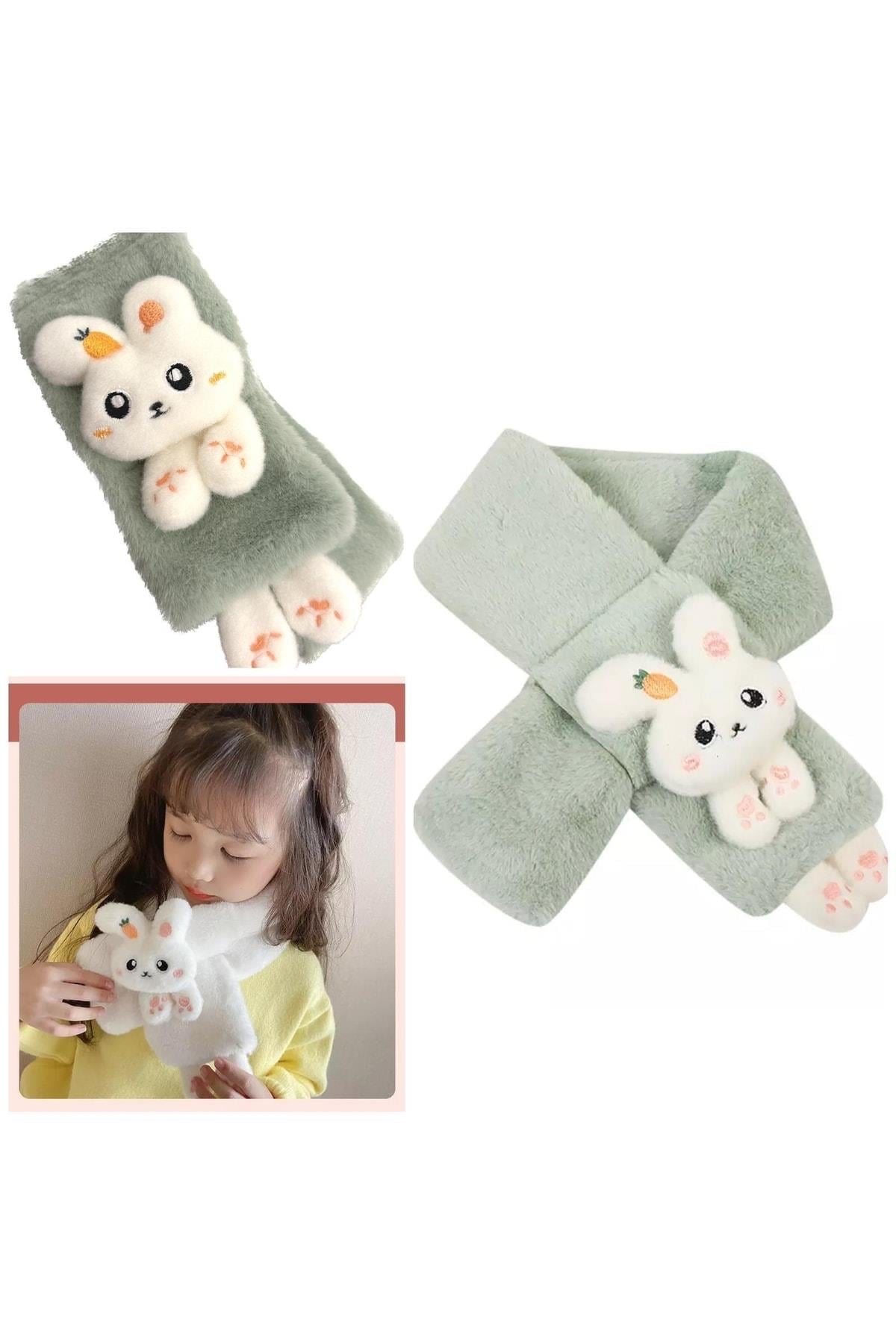 Yeni Moda Sevimli Oyuncak Tavşan 1-15 Yaş Çocuk Tüylü Peluş Kaşmir Atkı Boyunluk Pastel Yeşil