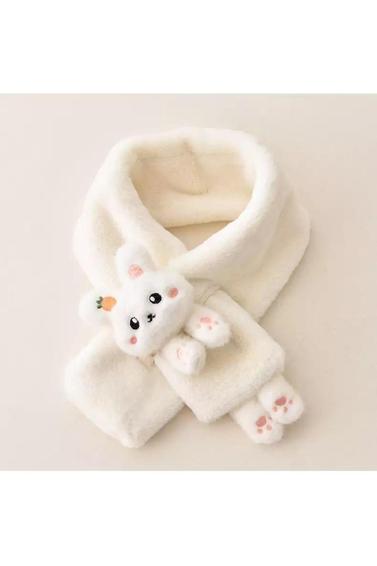 Yeni Moda Sevimli Oyuncak Tavşan 1-15 Yaş Çocuk Tüylü Peluş Kaşmir Atkı Boyunluk Beyaz